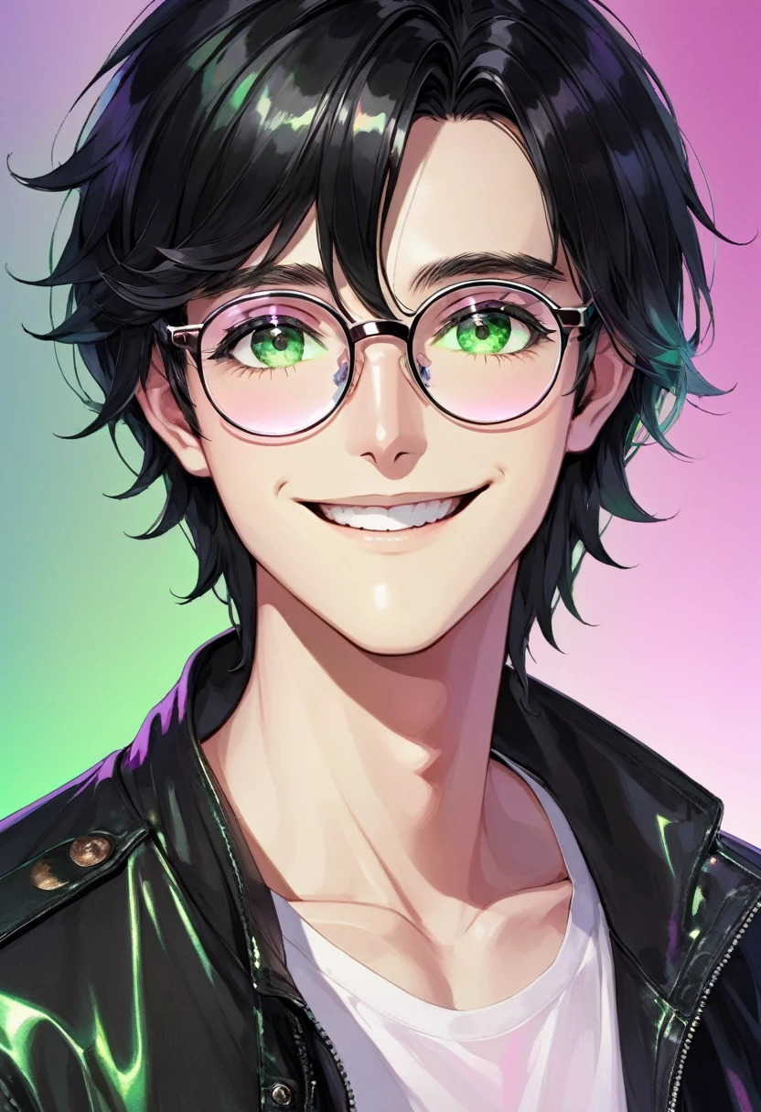 (Male , eye glasses,A smile, black hair),Iridescent background, green eyes:1.3, pink eyes: 1.3