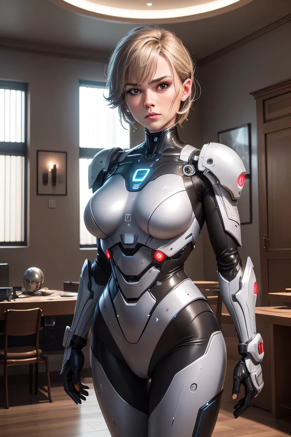 A middle-aged woman who was transformed into a robot　mechanical body　Standing next to her is a boy of about .　The background is the living room, makeup, jitome, scowl, UHD, retina, masterpiece, ccurate, anatomically correct, textured skin, super detail, high details, high quality, award winning, best quality, highres