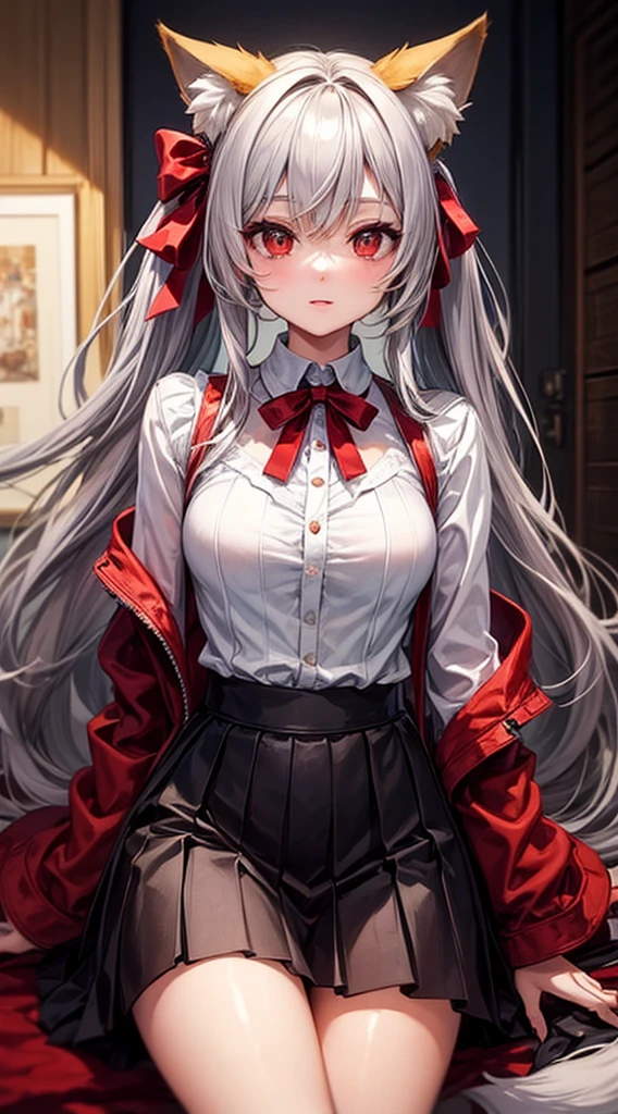 A neko woman with grey hair in a virtual YouTuber style is the centerpiece of this artwork. Her hairstyle features long hair with twintails and bangs, with a section of hair falling between her eyes. She has adorable animal ears, specifically fox ears, which are fluffy. Her piercing red eyes and fox tail add to her captivating appearance.
For the clothing, she wears a white shirt with long sleeves that extend past her wrists. The shirt is adorned with a beautiful red bow, which complements her hair bow. The skirt she wears is a stylish black pleated skirt, adding a touch of elegance to her overall look.
The artwork is of the highest quality, with a "masterpiece" level of detail. It is created with the best quality materials, ensuring a high-resolution, high-quality image. The details are ultra-detailed and realistic, showcasing professional craftsmanship. The lighting in the artwork enhances the overall atmosphere and highlights the intricate details.
The art style chosen for this prompt is a perfect blend of anime and concept artists, capturing the charm and aesthetics of both genres. The colors used in the artwork are vivid and vibrant, creating a visually appealing composition.
In summary, this Stable Diffusion prompt generates a high-quality, ultra-detailed image of a neko woman in a virtual YouTuber style. It focuses on her unique features, clothing, and offers a captivating art style with vivid colors and professional craftsmanship. The prompt is designed to produce an exquisite masterpiece that will delight art enthusiasts and fans of neko characters. Sus seductive sexy
