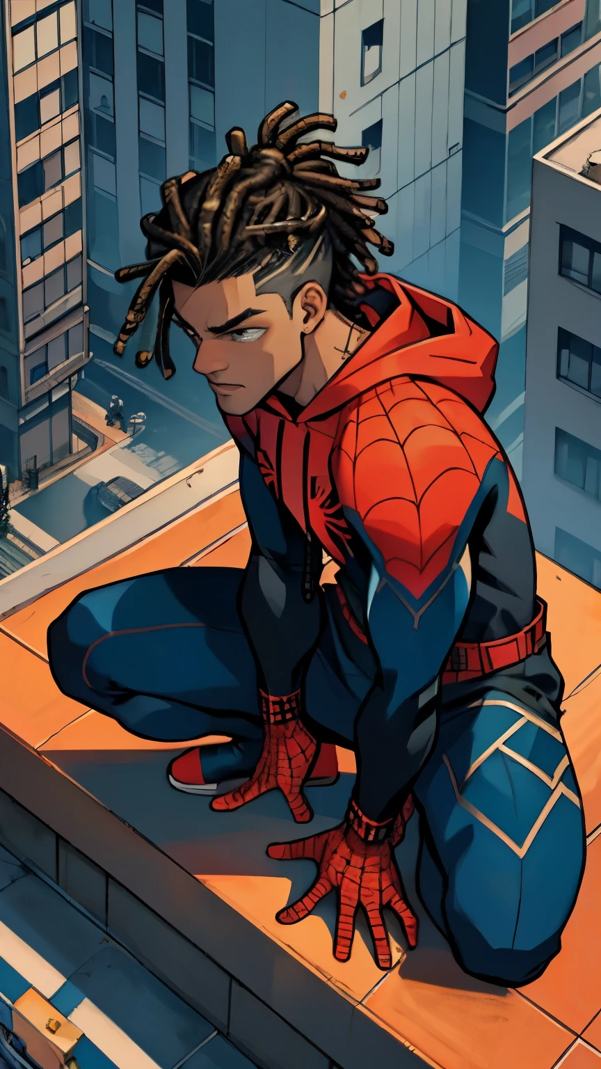 (masterpiece, best quality), intricate details, 8k, artstation, wallpaper, official art, splash art, sharp focus, high angle shot, shut from above
1boy, blue black two-tone colored dreadlocks hairstyle, dark-skinned:1.3, Caribbean-descendant, crouched on corner of building,
Techwear hoodie Spiderman suit, spider web print, spiderweb pattern sweatpants, web-shooters on wrists,
Luxurious skyscraper rooftop garden, koi pond, manicure cannabis sativa shrubbery 