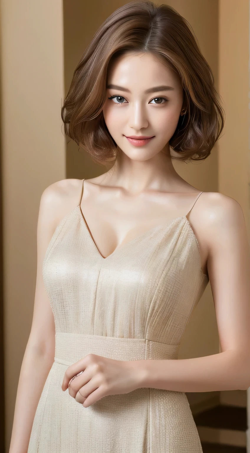 ((highest quality, 8K, masterpiece: 1.3)), 1 girl, The beauty of slim abs: 1.3, (hairstyle casual, big breasts: 1.2), dress: 1.1, super fine face, delicate eyes, double eyelid, smile, Home