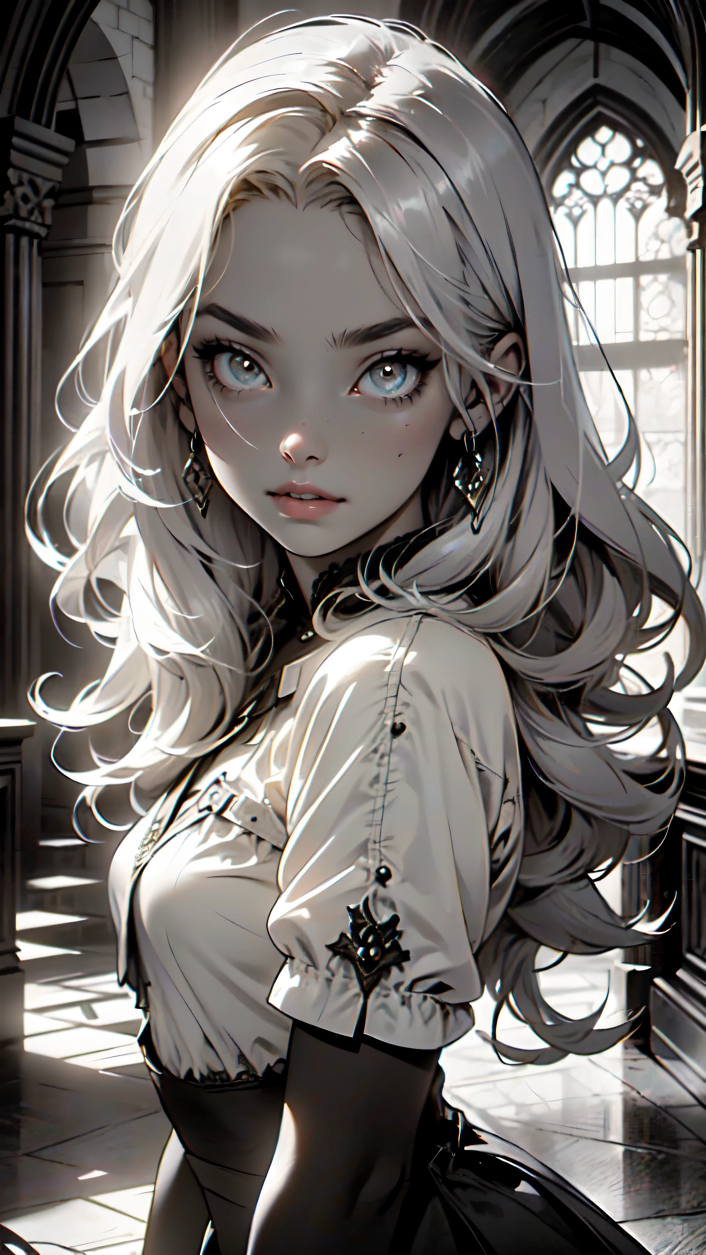 masterpiece:1.3), (8K、photorealistic, Raw photo, best quality:1.4), (monochrome, Sepia tone, Scratching of the film), (solo), (One 16 year old British girl), (beautiful face:1.2), (Beautiful face with perfect symmetry:1.2), (cute face:1.3), (perfect anatomy:1.2), (high detail skin: 1.2), (decadent, mysterious, heretical), (gothic rock), (subculture), (gothic fashion), (Vampire Dracula), (Gothic ta style girl), (gothic architecture), (Symmetrical design), (A vampire girl stands in the center of the hall.:1.2), (There are many bats flying around the girl.:1.3), (decadent, mysterious, heretical), sharp focus, contrast lighting, high resolution 8k, crazy details, realistic, professional photography, 8k UHD, Single-lens reflex camera, soft light , high quality, film grain, Fujifilm XT3