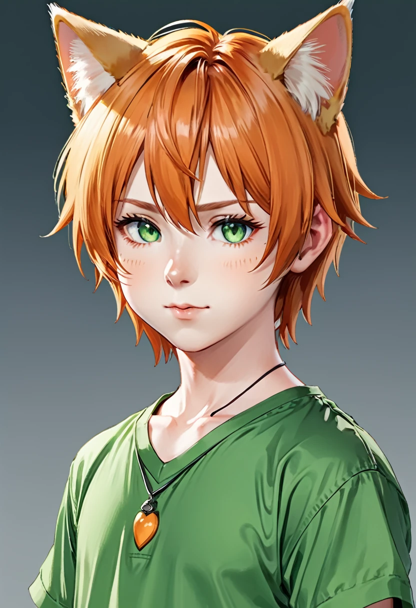 bust_portrait, catboy, cat ears, red hair, green eyes, fang, simple orange shirt, pale skin, cute adorable,  boy, , shota, toddle cute, innocent,
