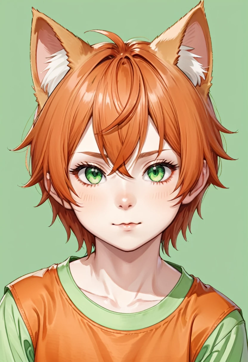 bust_portrait, catboy, cat ears, red hair, green eyes, fang, simple orange shirt, pale skin, cute adorable, , , shota, toddler, cute, innocent,