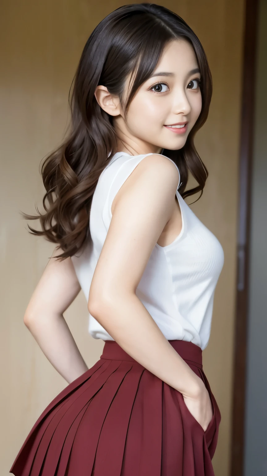 Best-quality, Masterpiece, Ultra-High-Resolution, (Photorealistic:1.4), Raw-Photo, 1girl, the most famous Japanese actress, wearing school-uniform and pleated skirt, (extremely beautiful face like the most popular Japanese actress, ((extremely beautiful big-eyes)), extremely beautiful hair, extremely beautiful skins), extremely beautiful long-eyelashes, extremely beautiful lips, extremely beautiful hip, extremely beautiful thighs, upturned ass, dynamic-pose, innocent-smile