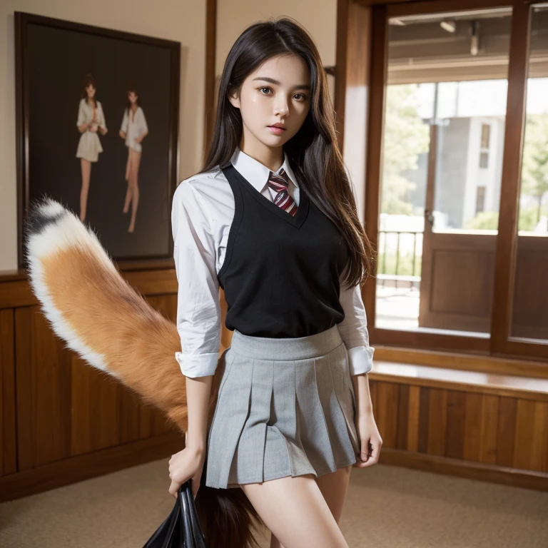 ((highest quality)), ((masterpiece)), (get used to it), perfect face, fox girl, Beautiful woman, public, Female college student, uniform, Tail from inside of skirt, she has a fox tail, she has a bushy tail, troubled face