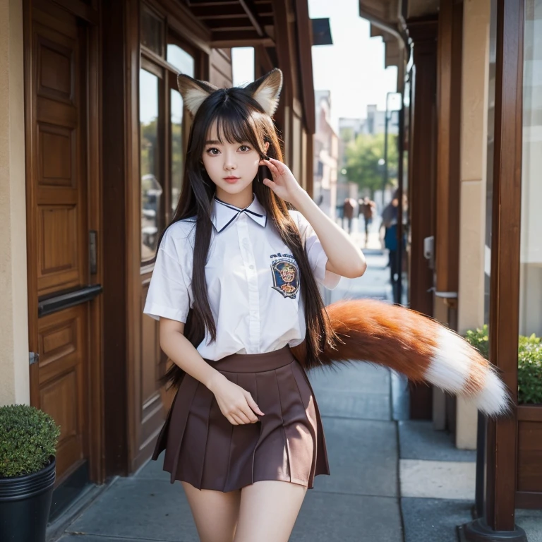 ((highest quality)), ((masterpiece)), (get used to it), perfect face, fox girl, Beautiful woman, public, Female college student, uniform, Tail from inside of skirt, she has a fox tail, she has a bushy tail, troubled face