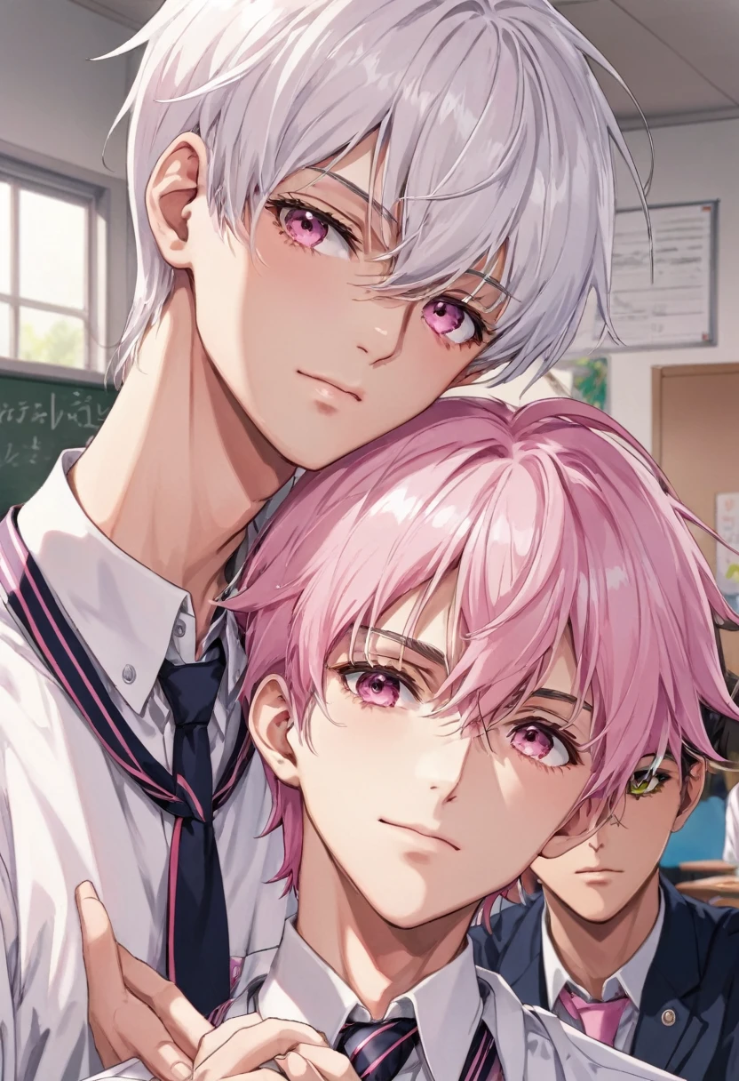 (muste piece), (best quality), very detailed, (((Two friendly high school boys:1.5))), perfect face, beautiful face, very detailed face,(white haired man:1.3),(pink haired man:1.3),School,classroom,student uniform,white uniform, tie,shirt, special A class anime,holding his face