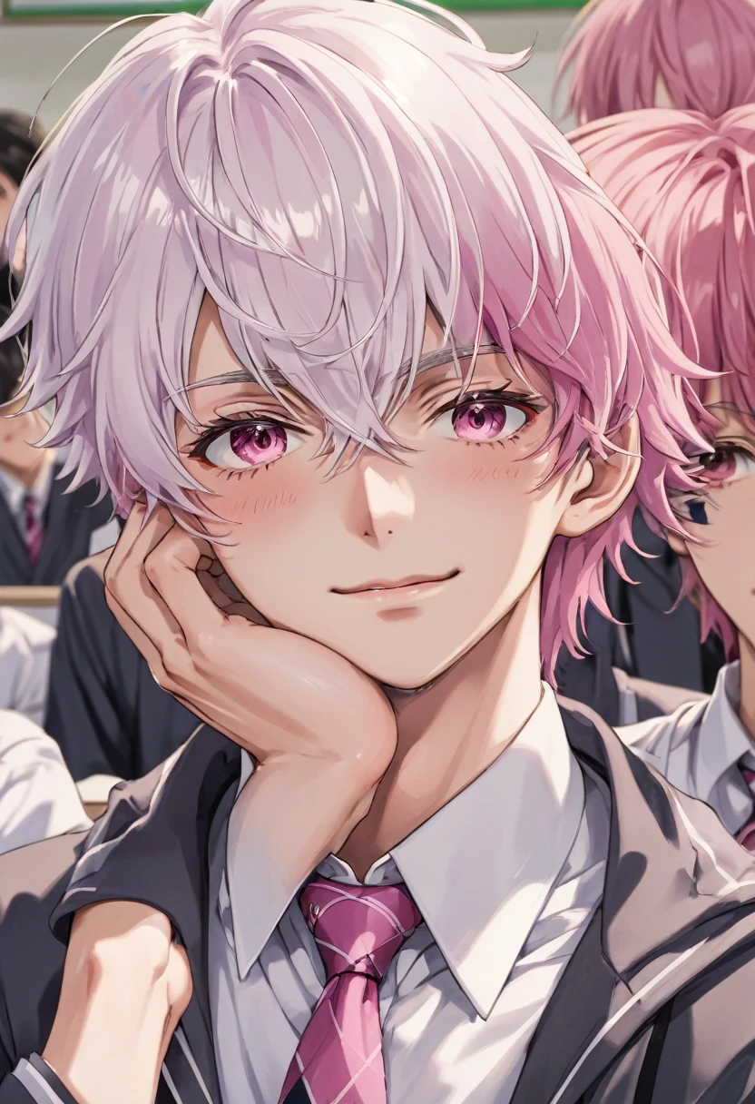 (muste piece), (best quality), very detailed, (((Two friendly high school boys:1.5))), perfect face, beautiful face, very detailed face,(white haired man:1.3),(pink haired man:1.3),School,classroom,student uniform,white uniform, tie,shirt, special A class anime,holding his face