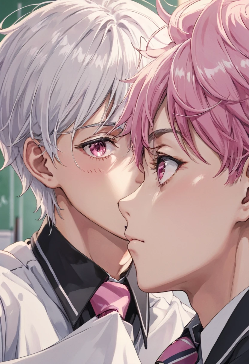 (muste piece), (best quality), very detailed, (((Two friendly high school boys:1.5))), perfect face, beautiful face, very detailed face,(white haired man:1.3),(pink haired man:1.3),School,classroom,student uniform,white uniform, tie,shirt, special A class anime,holding his face