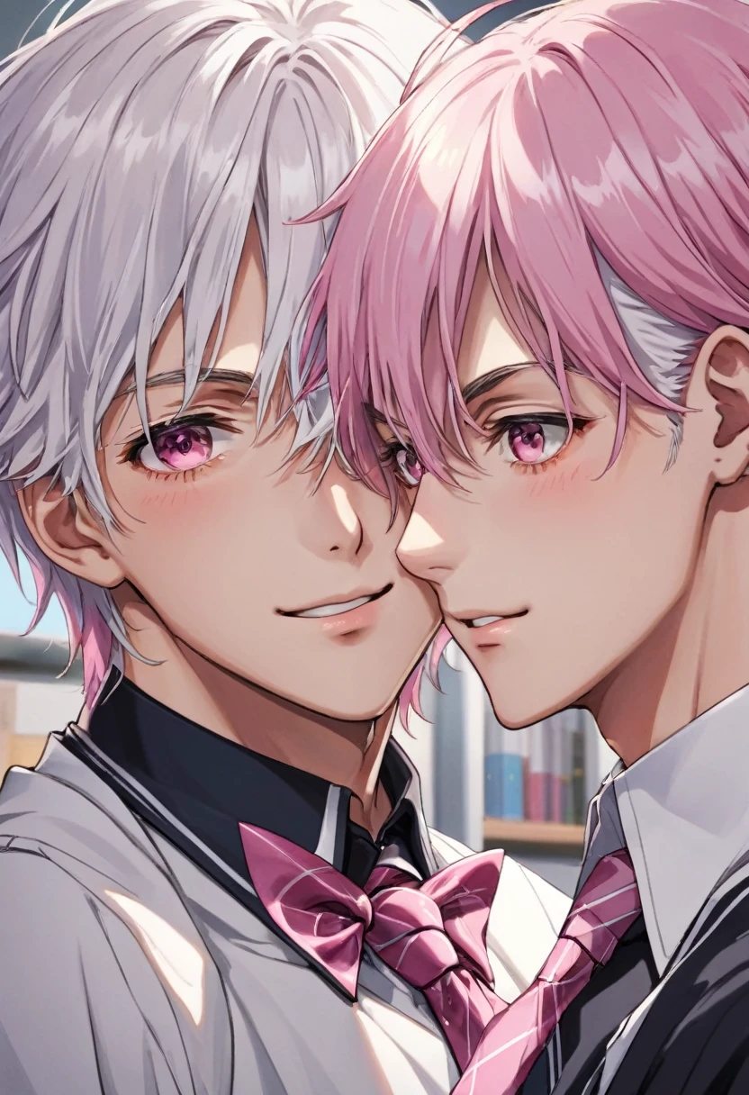 (muste piece), (best quality), very detailed, (((Two friendly high school boys:1.5))), perfect face, beautiful face, very detailed face，(white haired man:1.3)，(pink haired man:1.3)，School，classroom，student uniform，white uniform, tie，shirt, special A class anime,holding his face