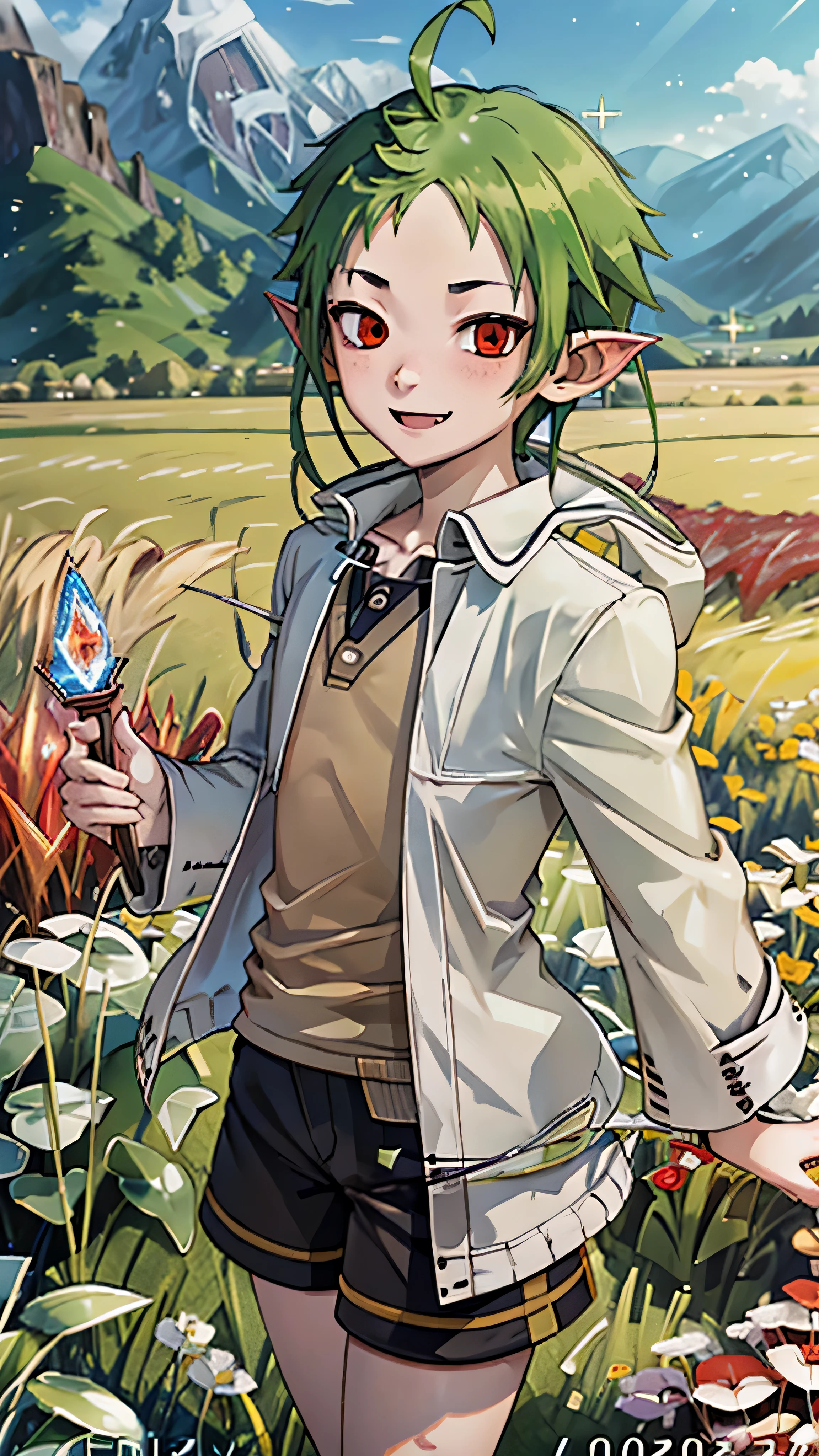 best quality, HDR, sylphiette, 1kid, ahoge, elf, forehead, green hair, pointy ears, (red eyes:1.2), short eyebrows, short hair, jacket, shirt, shorts, white jacket, holding a magic wand with a red gem, smiling, looking at viewer, green grassland scenery, water sparkles all around