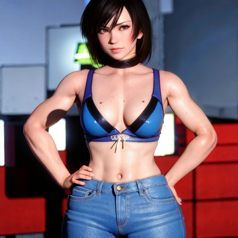 (masterpiece, best quality:1.2), 1girl, solo,HINOMOTO_REIKO,BREASTS,SHORT HAIR,BLACK HAIR,NAVEL, CLEAVAGE, BROWN EYES,BOOTS,CHOKER,MIDRIFF, FINGERLESS GLOVES,RED SHORT SHORTS,one mole on the chest,
cowboy shot,
