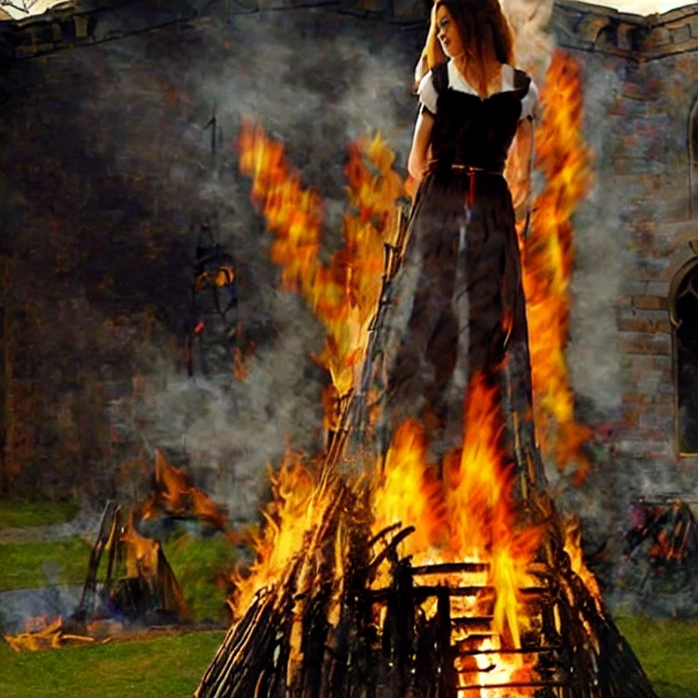 (masterpiece, best quality:1.2), fire, flame, witch, burn witch, wooden stick, girl