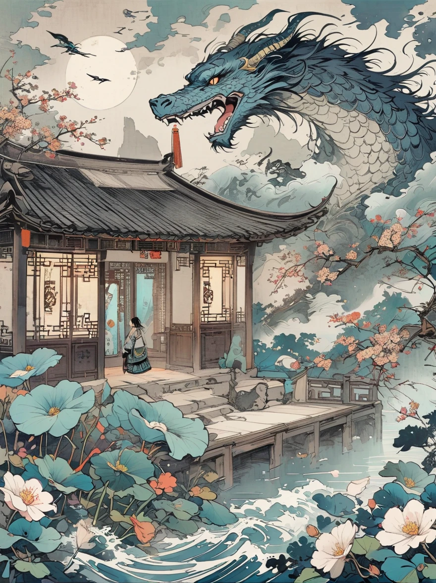 A Chinese style mural with an ancient silver dragon and a girl wearing white Hanfu in the center of the composition surrounded by clouds and mist floating on dark blue sea waves . The character ' s expression is serious and mysterious , adorned with exquisite jewelry such as earrings , necklaces , rings , bracelets , flowers and ribbons . In front of her lies a small boat filled with moonlight shining through clouds . It features flat illustrations in the style of colorful woodcut prints , with a dark gold black white gray green color scheme in the style of Chinese punk and flat painting . Highly detailed .