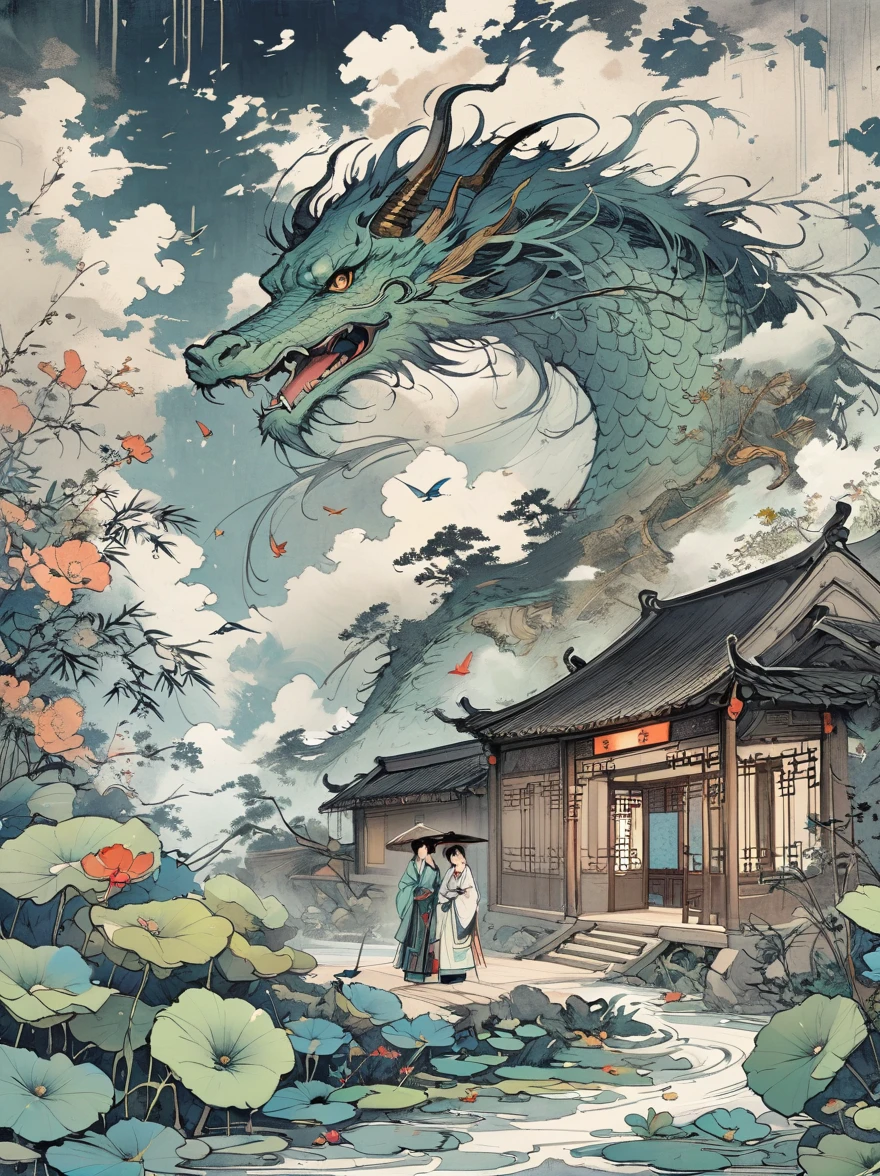 A Chinese style mural with an ancient silver dragon and a girl wearing white Hanfu in the center of the composition surrounded by clouds and mist floating on dark blue sea waves . The character ' s expression is serious and mysterious , adorned with exquisite jewelry such as earrings , necklaces , rings , bracelets , flowers and ribbons . In front of her lies a small boat filled with moonlight shining through clouds . It features flat illustrations in the style of colorful woodcut prints , with a dark gold black white gray green color scheme in the style of Chinese punk and flat painting . Highly detailed .