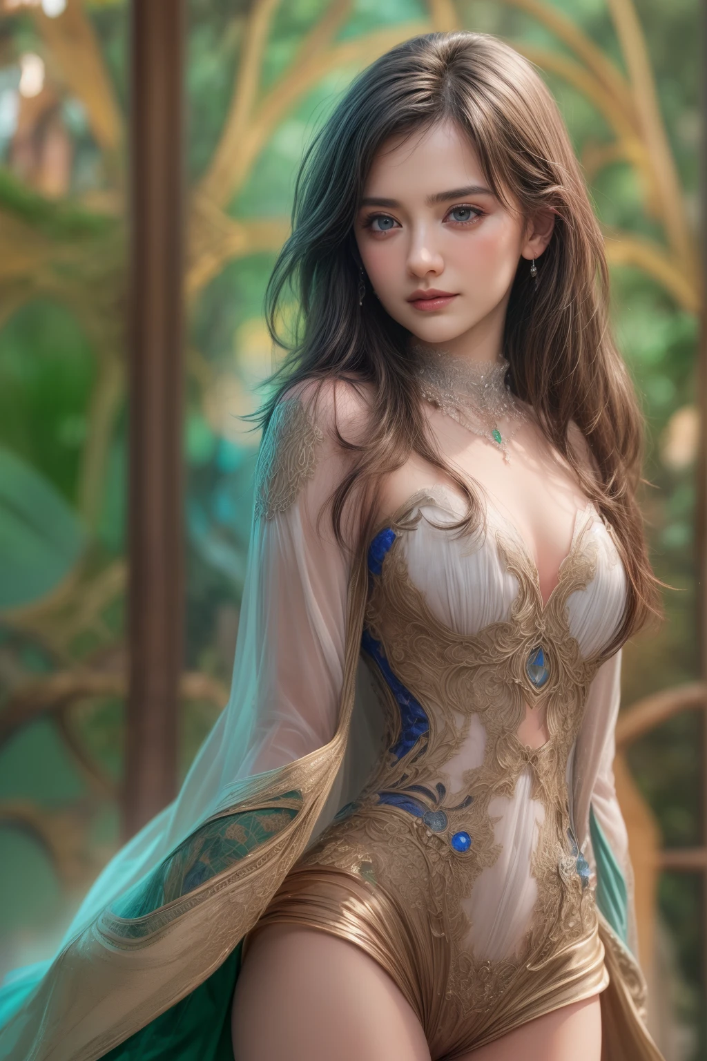 1girl in, 19, Solo, Long hair, Colossal , Looking at Viewer, blonde hair, Bare shoulders, Brown eyes, jewellery, Full body, a necklace, off shoulders, Sweaters, Realistic, A sexy, no makeup and in the green dress, (photograph:1.2)、(photorealistic:1.3)、(masterpiece:1.3)、(Highest image quality:1.4)、ultra high resolution、realistic eyes、 (detailed eyes)、(detailed facial features)、(Detailed garment features)、8K resolution、solo focus、26 year old cute woman、small face、 ,From Side, Photorealistic, Official art, Unity 8k wallpapr, 8K Portrait, Best Quality, Very high resolution, (Incredibly beautiful nature background:1.6), One girl, One beautiful teenage italian girl, sixbscene, (Sexy and glamorous:1.1), (A coquettish expression:1.6), (small breasts with raised pink areolas,:1.6), Vulgarity, (seductively smiling:1.2), (full body1.0), (erotic posing:1.5), (Magic Attack Pose:1.6),(magical effects like sparkles or energy:1.5), (Electric shock from hands:1.1), (Detailed blue bodysuit with beautiful fractal or marble design:1.5), (Beautiful and d delicate ruby, topaz, emerald and sapphire jewelry:1.45), Beautiful seductive face, Portrait, (Thick eyebrows:1.2), (Big purple eyes:1.2), Beautiful eyes with fine symmetry, (Ultra detailed eyes:1.4), (High resolution eyes:1.1), Intimate face, (ultra detailed skin texture:1.4), White skin, pale skin, Perfect Anatomy, Thin, (Beautiful toned body:1.1), Hair Bow, (Moist skin:1.1), full of sweat, No makeup, dark circles, Good anatomy, Focus Face, goodlooking, (Emilia Clark:0.6) (Emma watson:0.3),(Jennifer Connelly:0.4), (sensual face:1.5), Elegant face, Nice, Dolce, Cyberpunk Sci-Fi, (Gauntlets with intricate and beautiful designs:1.2), Blurred background, Blurred foreground, depth of fields, (Motion Blur:1.1), Complex and colorful biomechanical bodysuit, Zentangle, mandalas, Entangled, (Small breasts:1.2), Sheer breast, (Beautiful :1.2), (NSFW:1.2), large hips, drivel, Juice stain, grabbing on breasts