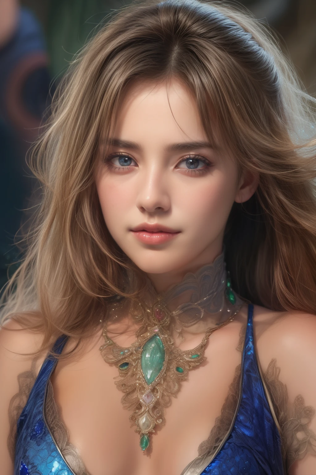 closeup portrait of blonde scandinavian goddess sitting on a bed, licking lips, face of elsa hosk, (big boobs:1.5), deep cleavage, large elaborate amber necklace, revealing slutty blue silk dress, light blue eyes, golden blonde wavy hair, red lips, seductive gaze, volumetric lighting, photorealistic, valhalla background, ultra detailed, best quality