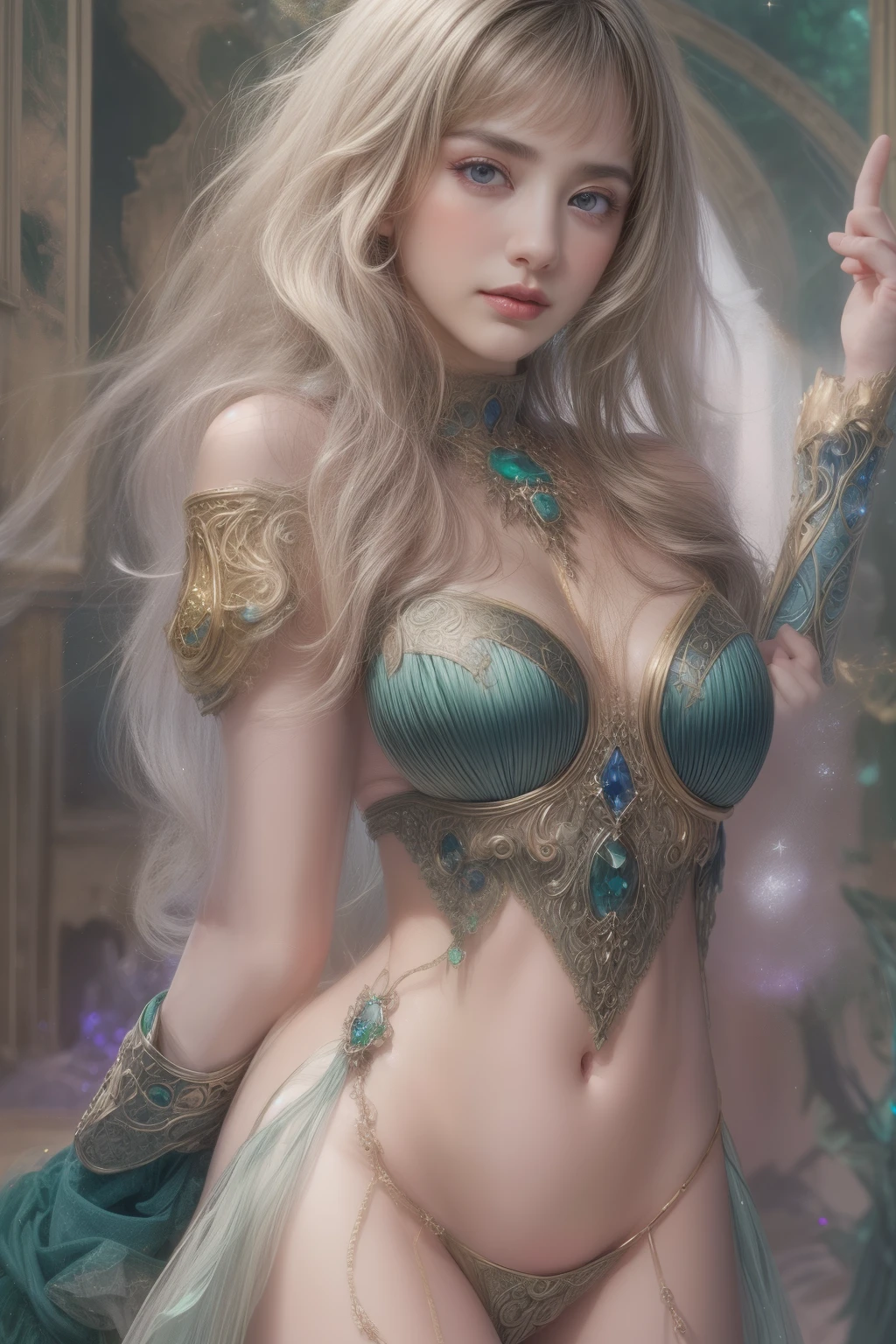1girl in, age19, Solo, Long hair, Colossal , Looking at Viewer, blonde hair, Bare shoulders, Brown eyes, jewellery, Full body, a necklace, off shoulders, Sweaters, Realistic, A sexy, no makeup and in the green dress, (photograph:1.2)、(photorealistic:1.3)、(masterpiece:1.3)、(Highest image quality:1.4)、ultra high resolution、realistic eyes、 (detailed eyes)、(detailed facial features)、(Detailed garment features)、8K resolution、solo focus、26 year old cute woman、small face、 ,From Side, Photorealistic, Official art, Unity 8k wallpapr, 8K Portrait, Best Quality, Very high resolution, (Incredibly beautiful nature background:1.6), One girl, One beautiful teenage italian girl, sixteen years old, Obscene, (Sexy and glamorous:1.1), (A coquettish expression:1.6), (small breasts with raised pink areolas,:1.6), Vulgarity, (seductively smiling:1.2), (full body1.0), (erotic posing:1.5), (Magic Attack Pose:1.6),(magical effects like sparkles or energy:1.5), (Electric shock from hands:1.1), (Detailed blue bodysuit with beautiful fractal or marble design:1.5), (Beautiful and d delicate ruby, topaz, emerald and sapphire jewelry:1.45), Beautiful seductive face, Portrait, (Thick eyebrows:1.2), (Big purple eyes:1.2), Beautiful eyes with fine symmetry, (Ultra detailed eyes:1.4), (High resolution eyes:1.1), Intimate face, (ultra detailed skin texture:1.4), White skin, pale skin, Perfect Anatomy, Thin, (Beautiful toned body:1.1), Hair Bow, (Moist skin:1.1), full of sweat, No makeup, dark circles, Good anatomy, Focus Face, goodlooking, (Emilia Clark:0.6) (Emma watson:0.3),(Jennifer Connelly:0.4), (sensual face:1.5), Elegant face, Nice, Dolce, Cyberpunk Sci-Fi, (Gauntlets with intricate and beautiful designs:1.2), Blurred background, Blurred foreground, depth of fields, (Motion Blur:1.1), Complex and colorful biomechanical bodysuit, Zentangle, mandalas, Entangled, (Small breasts:1.2), Sheer breast, (Beautiful :1.2), (NSFW:1.2), large hips, drivel, Juice stain, grabbing on breasts