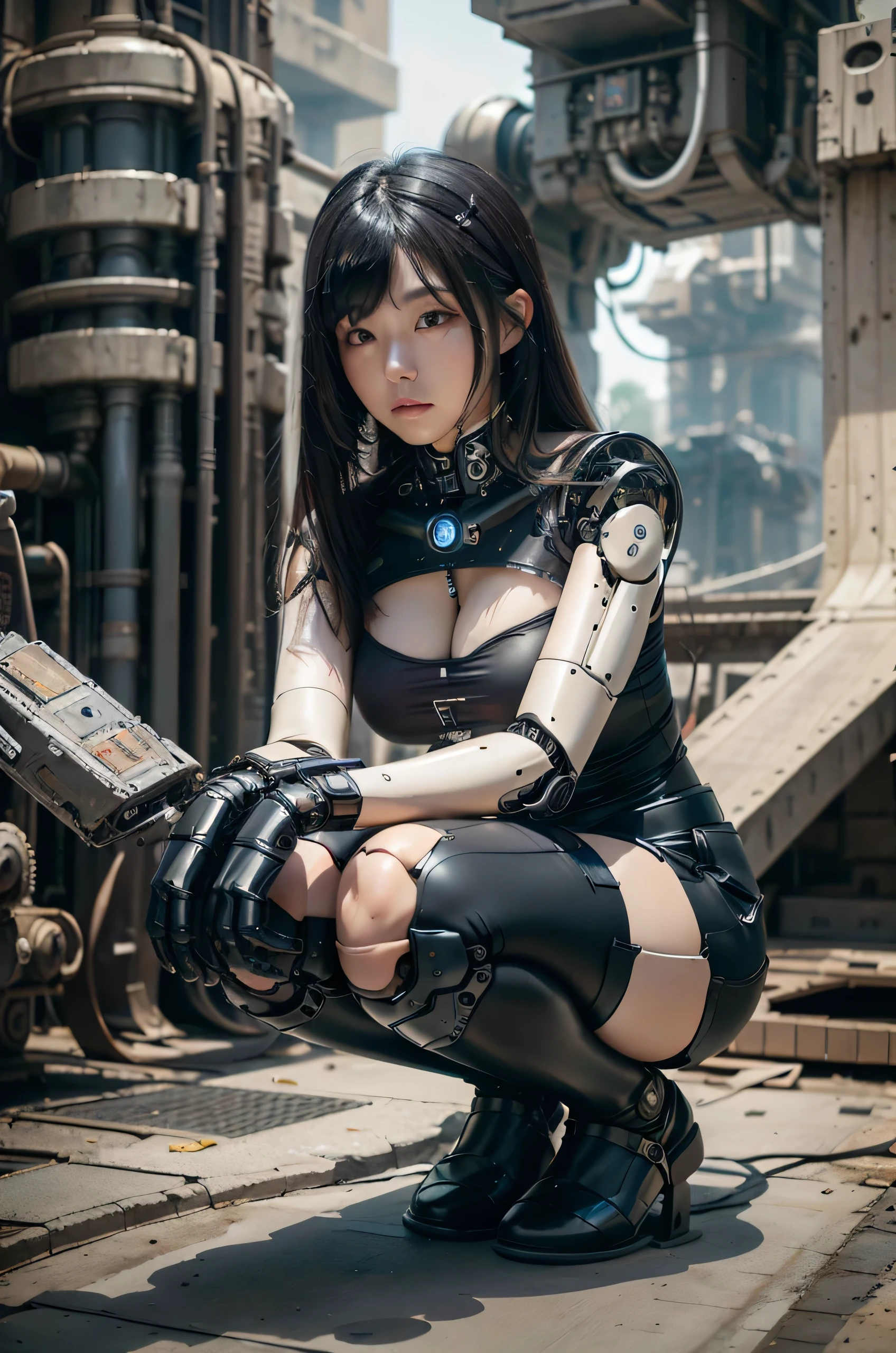 masterpiece, Best Quality, Extremely detailed, 8K Portrait,Japanese android girl,Plump ,control panels,android,Droid,Mechanical Hand, ,perfect robot woman,Robot arms and legs, Black hair,Mechanical body,white robot body,Blunt bangs,Charging spot,She is charging now, mechanical ear covers,android,robot humanoid,black short pants,darkblack tights,She has disassembled,scrap yard