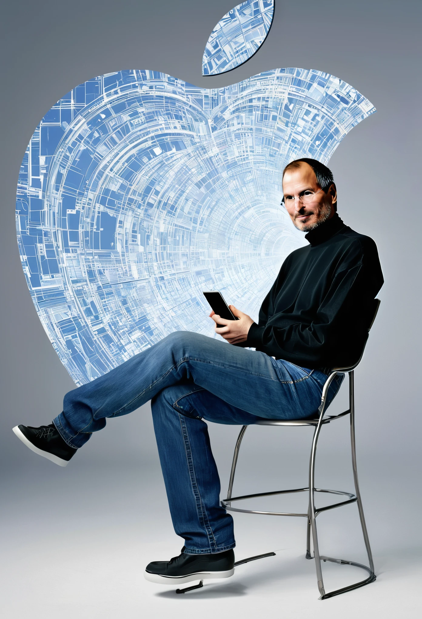 A digitally rendered portrait of Steve Jobs, capturing the essence of his visionary nature. He is seen wearing his iconic black turtleneck and blue jeans, seated on a minimalistic platform. Behind him, a timeline of Apple's evolution unfolds, with various devices such as the iPod, iPhone, and MacBook. An aura of brilliance surrounds him, with stars and swirling patterns symbolizing his creative and revolutionary impact. The image is crisp and clear, celebrating the legacy of Steve Jobs and his lasting contribution to technological advancement.