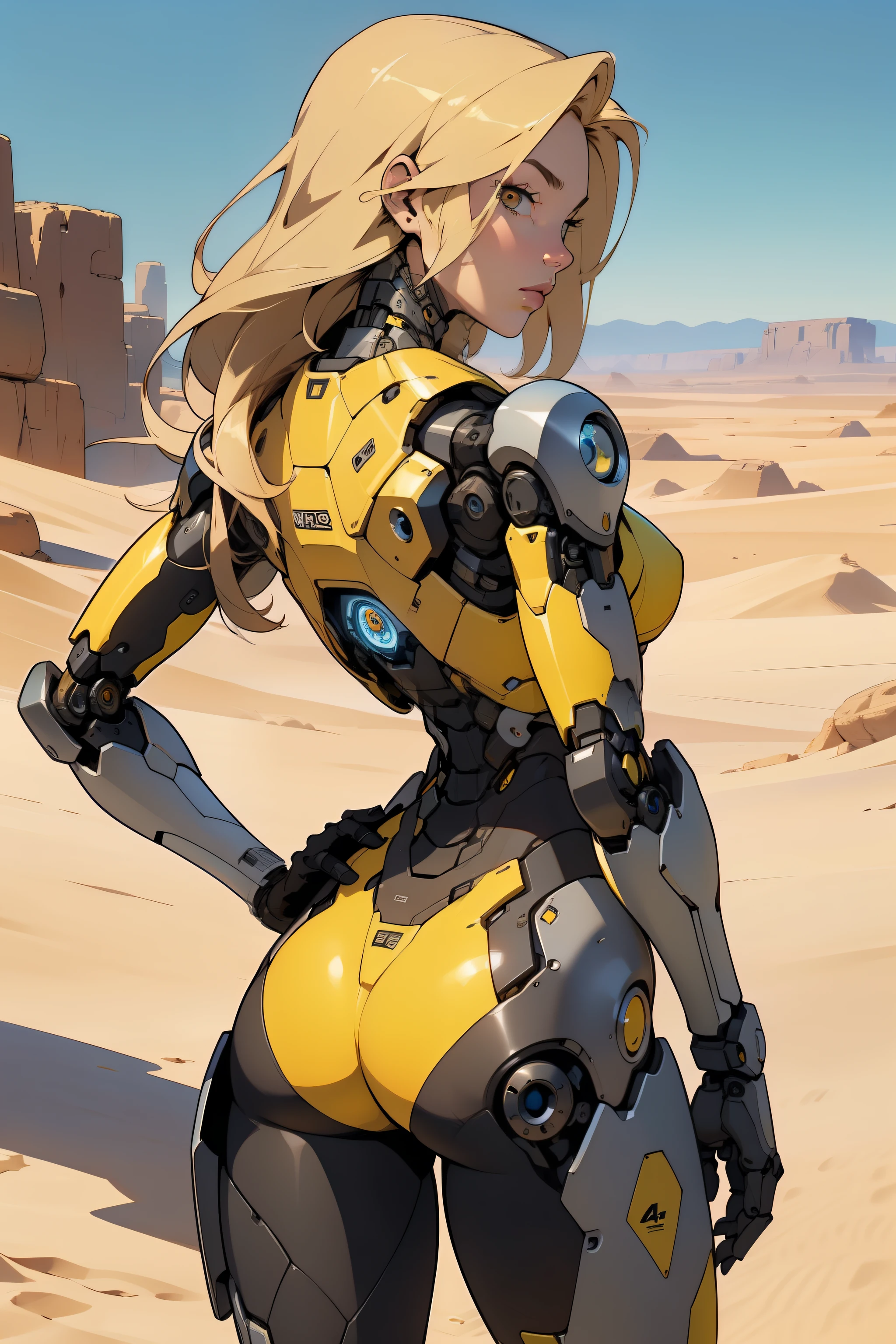high quality, 4k, masterpiece, beautiful, cyborg girl, yellow design, cowboy shot, dull eyes, back side, turning around to look at viewer, long blonde hair, girl, small breasts, fit thigh, robotic arms, robotic body, cyborg body, yellow accent, redaccent, intricate detail, joint, detailed lines, robotic detail, 1fist on hip, color robotic parts, robotic parts with color, perfect fingers, on a desert planet, sunny background, colorful desert,