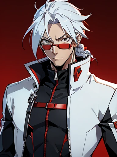  blazblue game ,human Male  ,Clear Skin ,Red eyewear , white hair,long braided ,zip Red Coat  , Black Gloves  , Cool face 