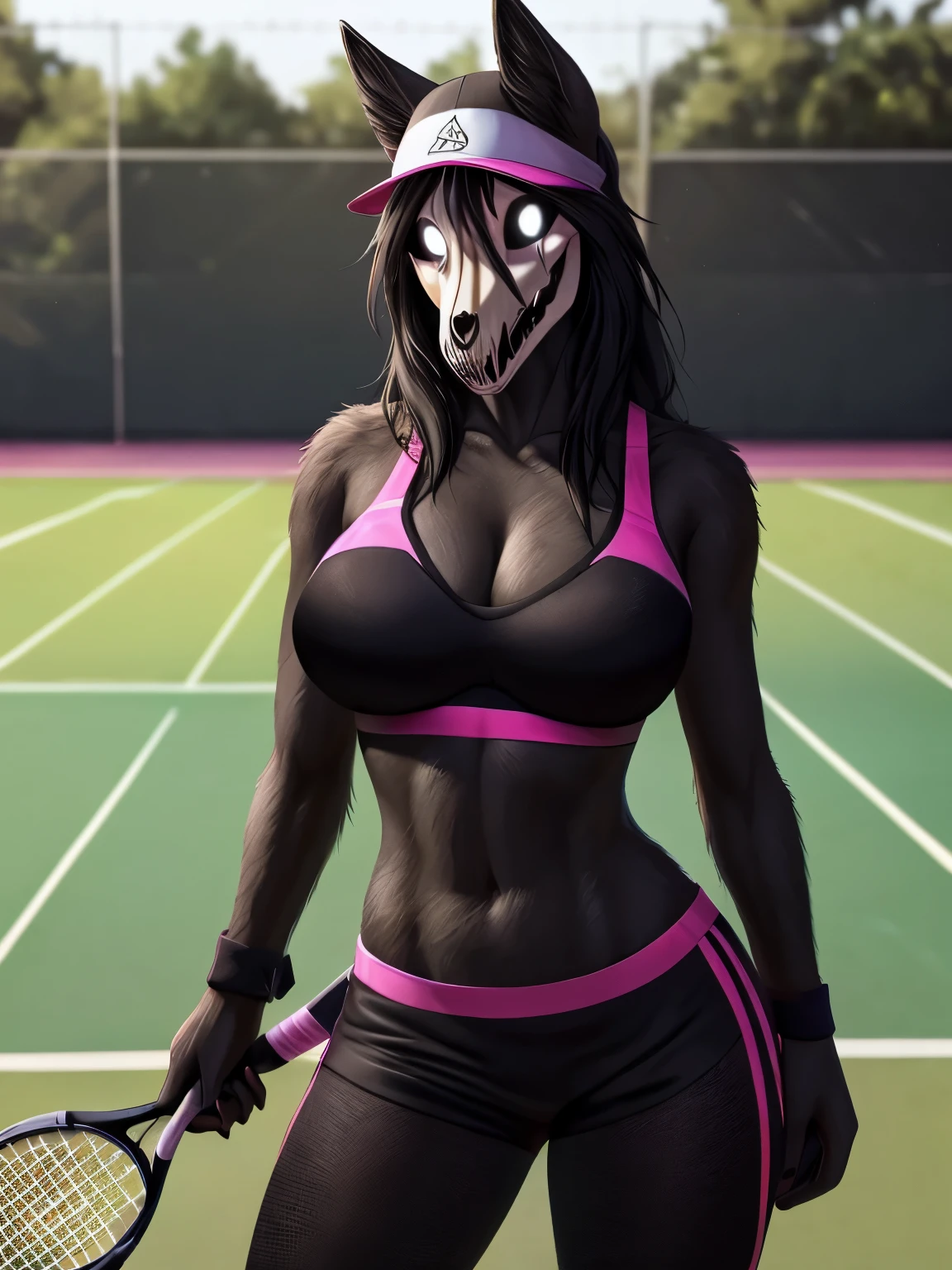 (by whisperingfornothing), solo, female,malo scp-1471,canine,detailed background, (cinematic lighting:1.1), (perfect focus:1.1), 8k hd, photo, (detailed eyes:1.2),depth of field, bokeh, subsurface scattering, perfect breasts, wide ,(sports pants, bra, crop top, tennis hat, tennis racket), bright colors, (furry detail),detailed background,tennis court, on a tennis court, court surrounded by metal mesh, realistic, photorealistic, ultra realistic,realistic, photorealistic,smile,(fur),(realistic furry:1.1),(extreme furry detail:1.2),((black skin, black fur)),solo,