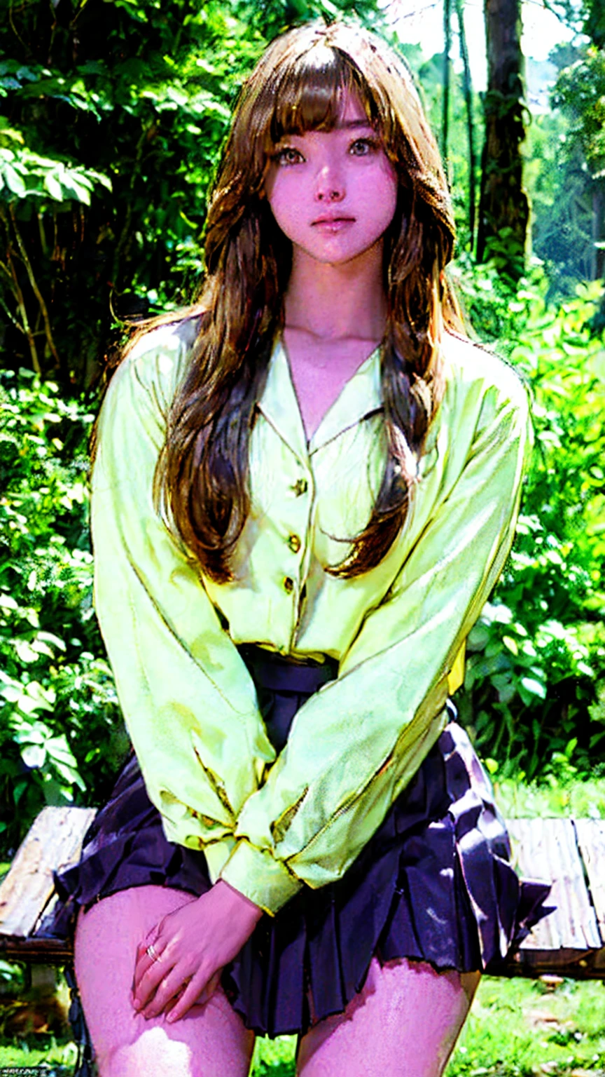 (masterpiece), (ultra detailed), perfect face,15 year old New Zealand girl, very long curly blonde hair, yellow eyes, slim body, super big tits, super sexy and erotic, wearing a with buttons open, wearing a school miniskirt, sitting hugging her knees while scared in the forest