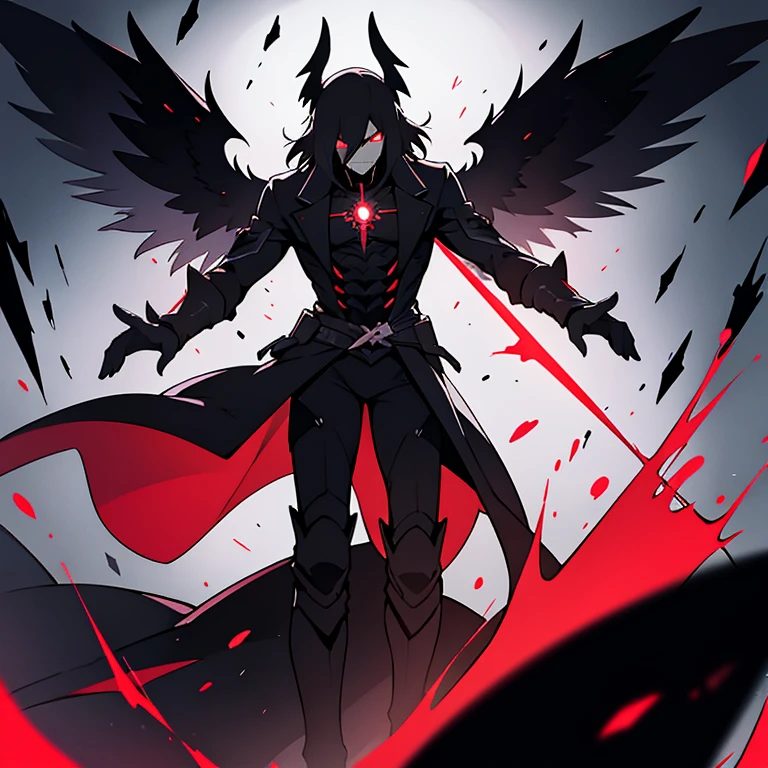 An evil pitch black male being with black wings and red glowing eyes.