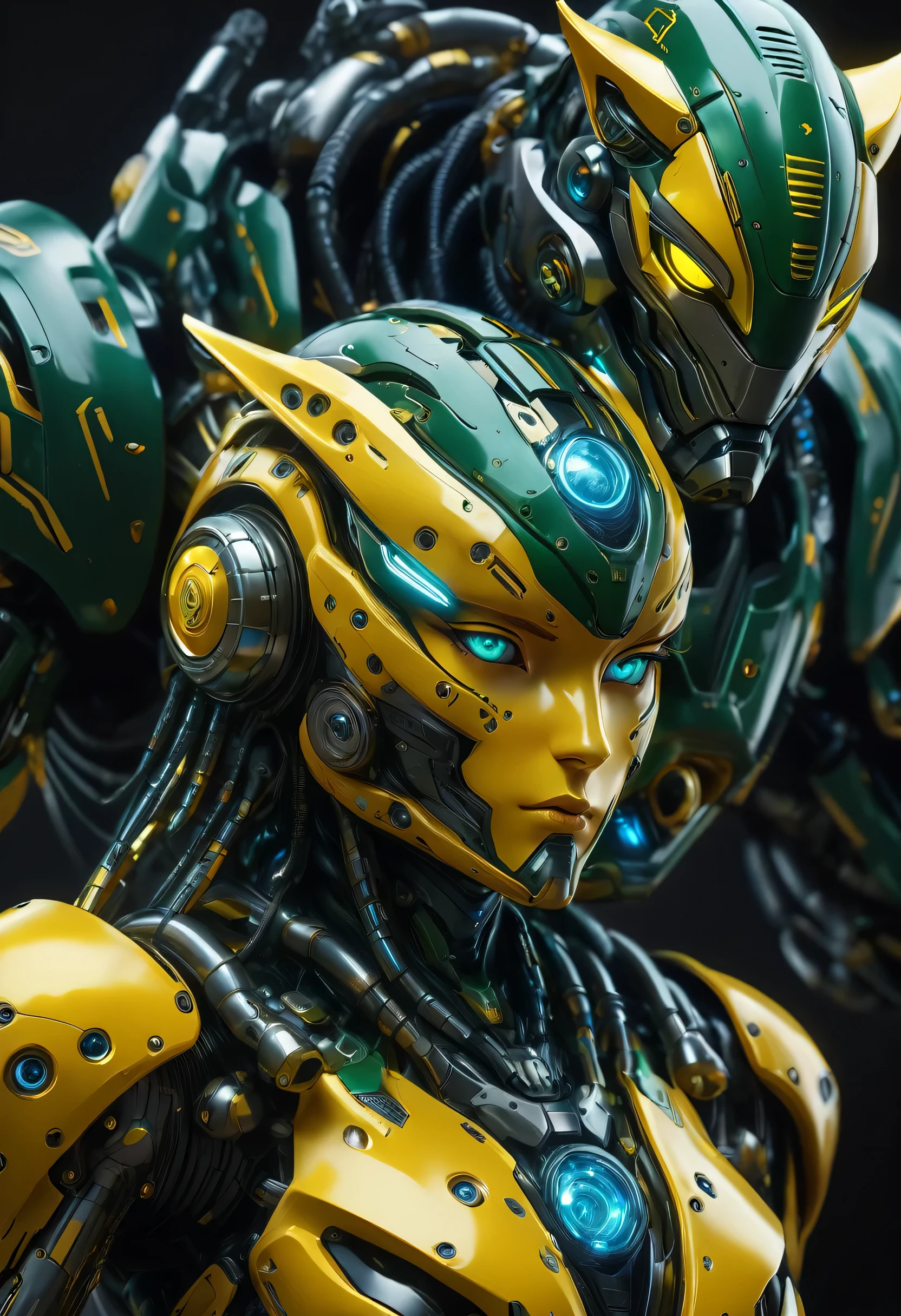 an ultra detailed, hiper realism, digital art, of a mecha tiger, dark blue eyes, with in an elegant dark green and yellow cyborg armor with mechanic parts and cyborg helmet with the brazil flag on background , sci-fi armor, super detailed armor, carbon textures, ghost in the shell, deus ex, full body shot, action pose, ultra sharp focus, award winning photography, perfect contrast, high sharpness, depth of field, ultra detailed photography, global illumination, smooth, 35mm, full body vision, ultra high definition, 8k, unreal engine 5, ultra sharp focus, award winning photography, trending on artstation