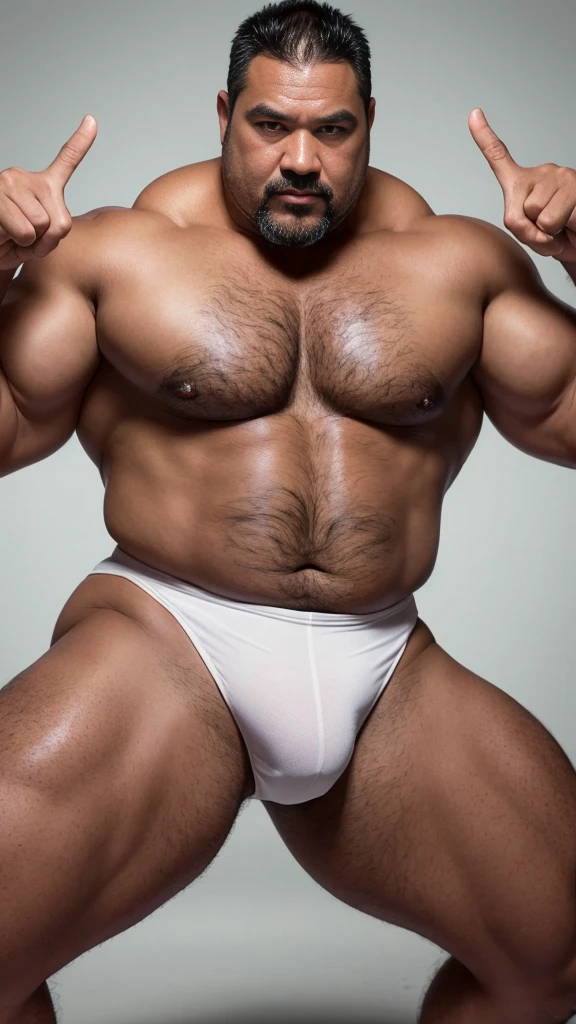 black hair, middle-aged man, individual, male, Muscular wrestler, muscular, Stout wrestler, Asian, Japanese, uncle, 55 year old middle-aged man, short hair, short hair, white wrestling boots, full body portrait, shadow, Vision, white briefs, obesity, 45 years old, short beard, middle-aged man, tattoo, fingerless gloves, Wheat skin, shiny skin, dark skin, Show your pectoral muscles, sumo wrestler, bodybuilder, wide temples, Visible abdominal muscles, Smile, Fine hands, solid color background, pure white background, Surrealism, Panorama, 8k, super detail，