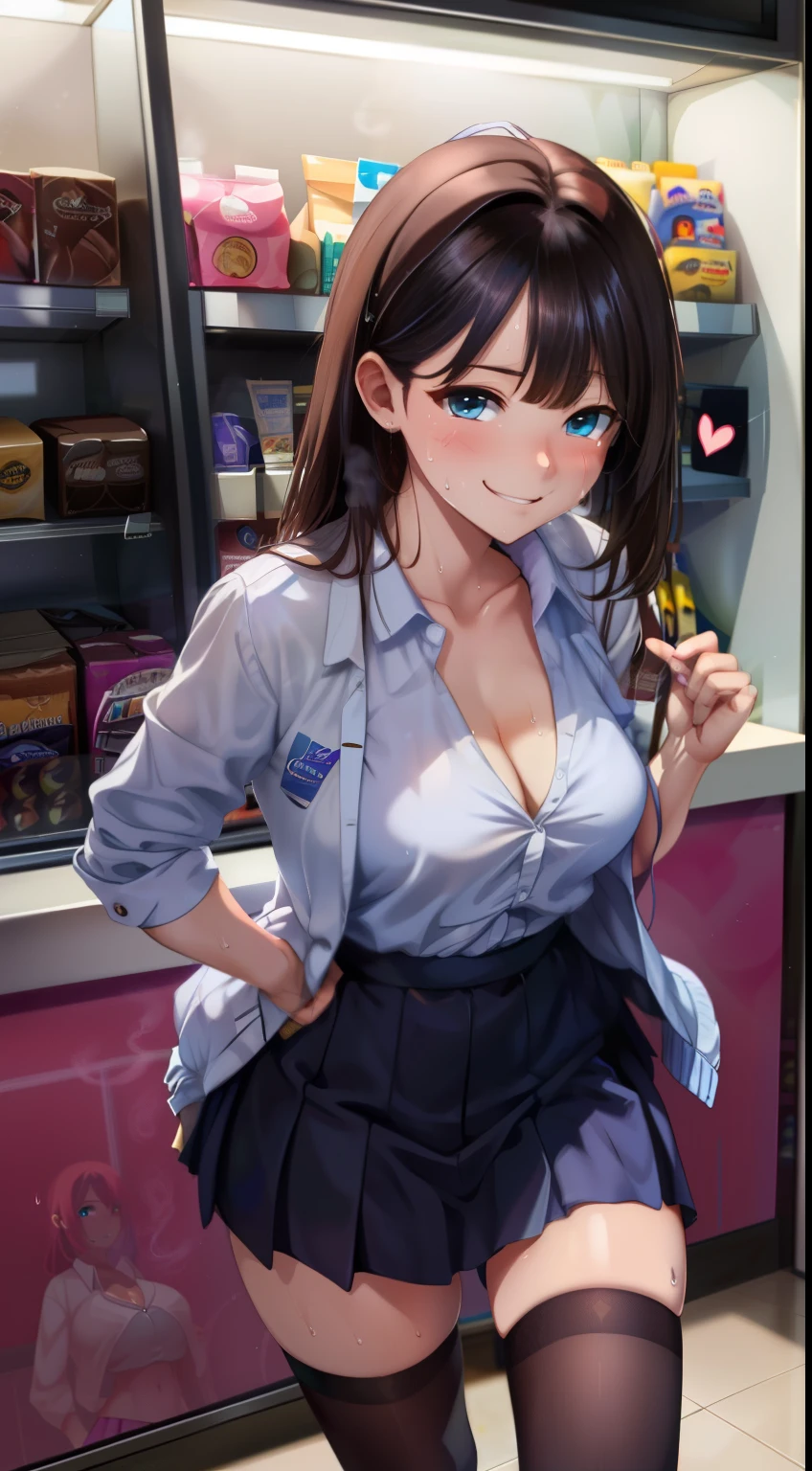 (be familiar with, masterpiece, highest quality, Complex),

cowboy shot, Kyoka Tachibana,

big breasts, 
1 girl, alone, At a convenience store,
cute eyes, beautiful face, perfect round butt, 
fit and body, female pervert,

The jacket is a cute thin shirt, Cleavage is exposed, Beautiful woman in a white shirt and miniskirt, super mini tight skirt, smile, 

black high-heels, Thighhighs, black_leg wear,

early teens, alone, pale skin,
blue eyes, ((beautiful mature woman)),
no_bar,

enchanting smile, naughty face, Sweat, vapor, embarrassed, blush, Excited, (spoken heart),

Are standing, Best Sexual Poses, cover the crotch,

(At a convenience store), Near the Ocean shore, (window, Ocean, null, cloud, Day), summer, indoor, perspective, bright lighting, Shelves with many products displayed, white wall,