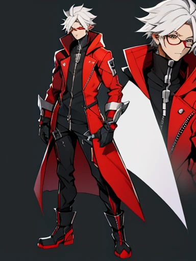 blazblue Concept ART ,human Male  ,Clear Skin ,Red eyewear , white hair,long braided ,zip Red Coat  , Full body , Black Gloves  , Black boots , 