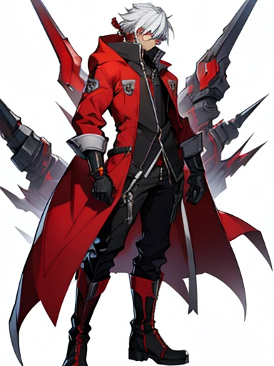 blazblue Concept ART ,human Male  ,Clear Skin ,Red eyewear , white hair,long braided ,zip Red Coat  , Full body , Black Gloves  , Black boots , 