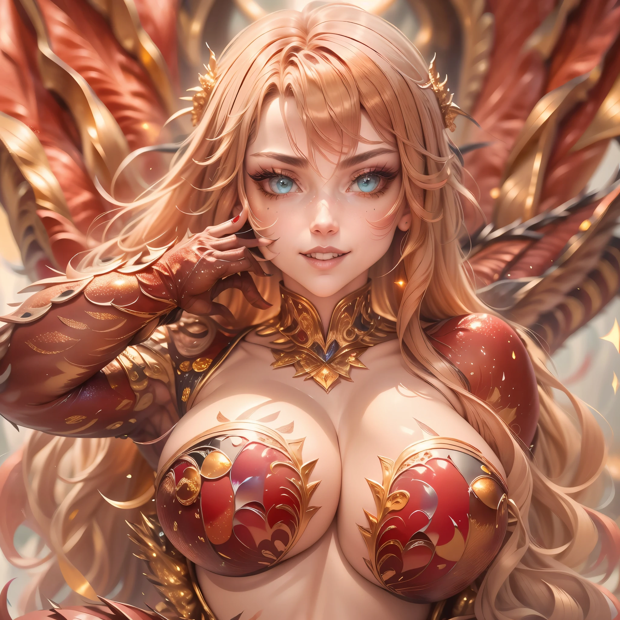 (best quality,4k,8k,highres,masterpiece:1.2, portrait), ultra-detailed, realistic, naked sexy dragon woman with red and gold glittering scales, skin is glittering ruby and golden scales, long wavy blonde hair with red highlights, very playful but mischievous smile, huge tits, gigantic breasts, naked, nude, detailed crotch, detailed vulva, sexy pose, playful, bi-coloured eyes, heterochromia, lustful