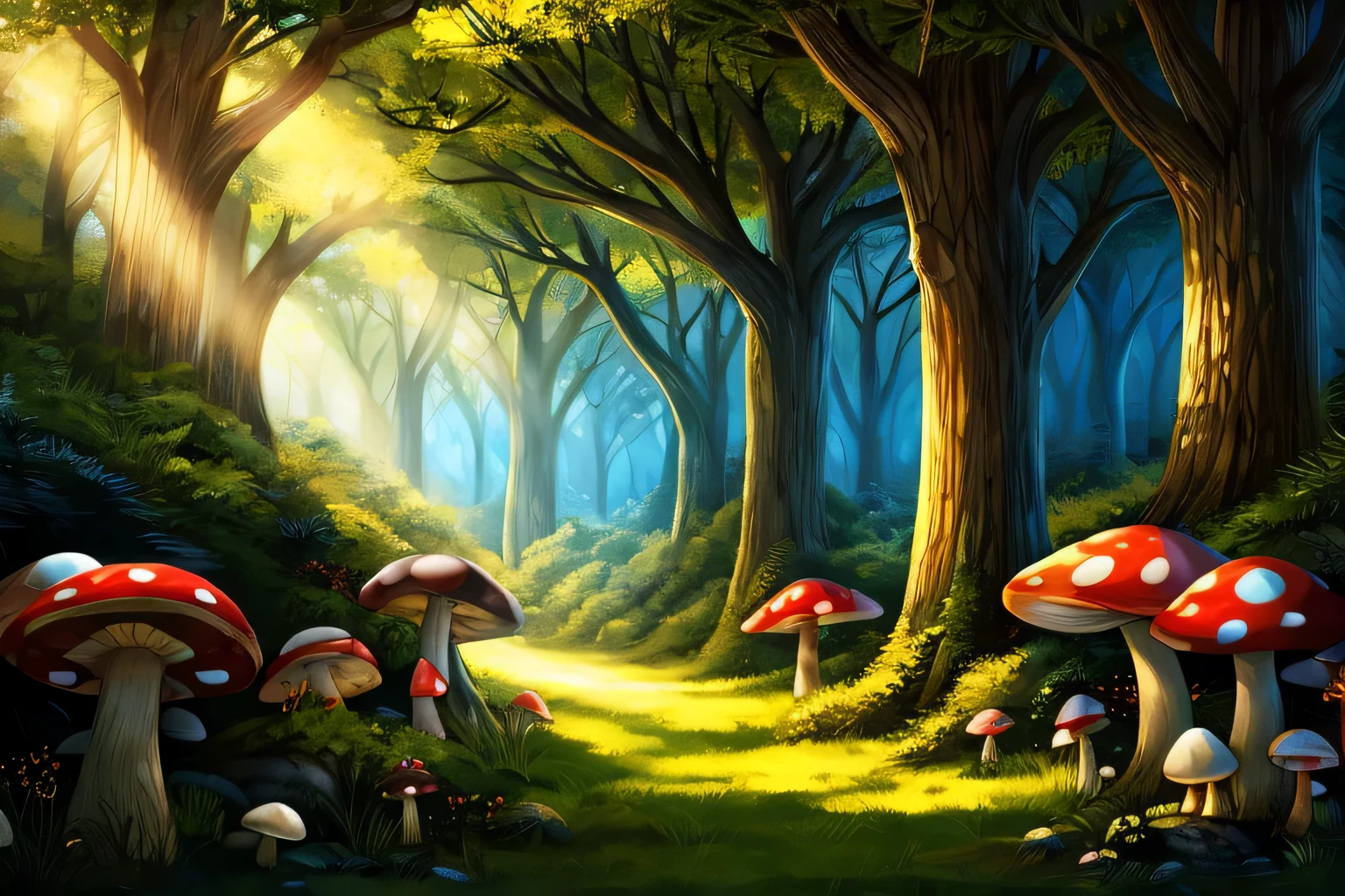 Beautiful,light, Mushroom forest,A lot of trees,A lot of mushrooms,yut,tranquility,landscape