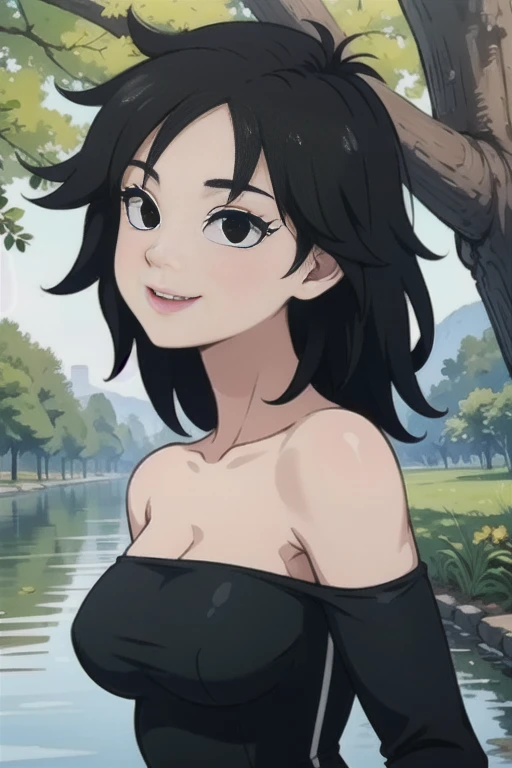 Gine, 1 girl, black hair, black eyes, bare shoulders, strapless, off shoulders, black ruffle off the shoulder top, black maxi dress, close up headshot, intricate details, sharp focus, high resolution, the background of beautiful park with trees and canals, beautiful sunny day, seductive smile