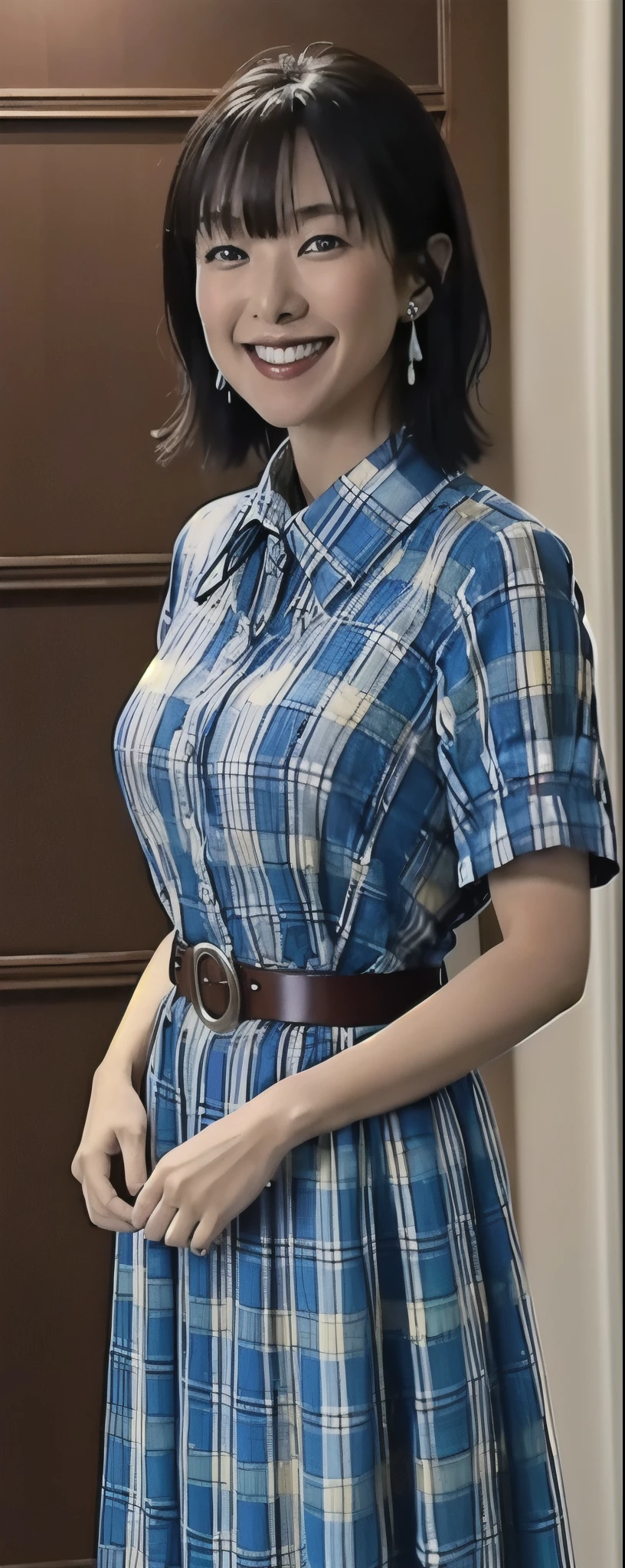 (8k, RAW photo, best quality, masterpiece:1.2),(realistic, photo-realistic:1.37), ultra-detailed, 1girl, solo,aiyi, jewelry, earrings, smile, dress,  plaid dress, plaid, teeth, grin,  standing, belt, bangs, collared dress, medium hair,(looking at viewer:1.2),indoor, blurry background, Fujifilm XT3,film still,film grain,cinematic,
