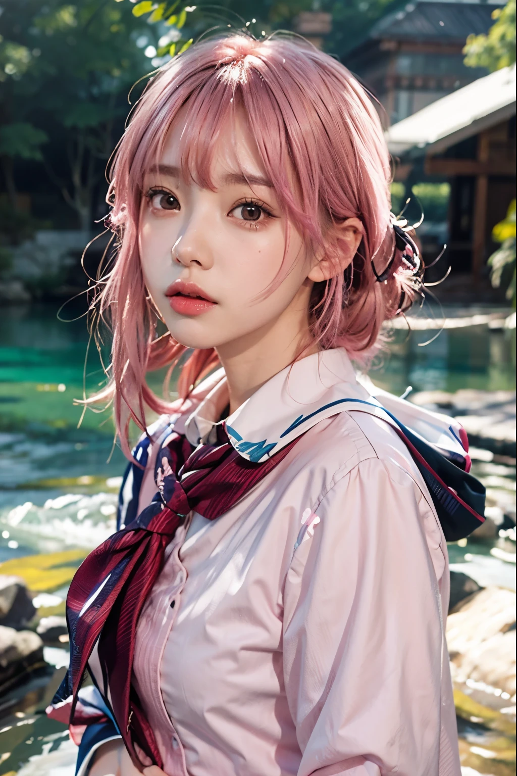 A woman with pink hair and a tie is standing by the water., Smooth Portraits 8K, A mix of Fujifilm and animation styles, anime girl in real life, Guweiz style art work, Works inspired by Yanjun Cheng, cute realistic portrait, beautiful animated portraits, realistic anime, portrait of anime girl, Taken with Canon EOS R6