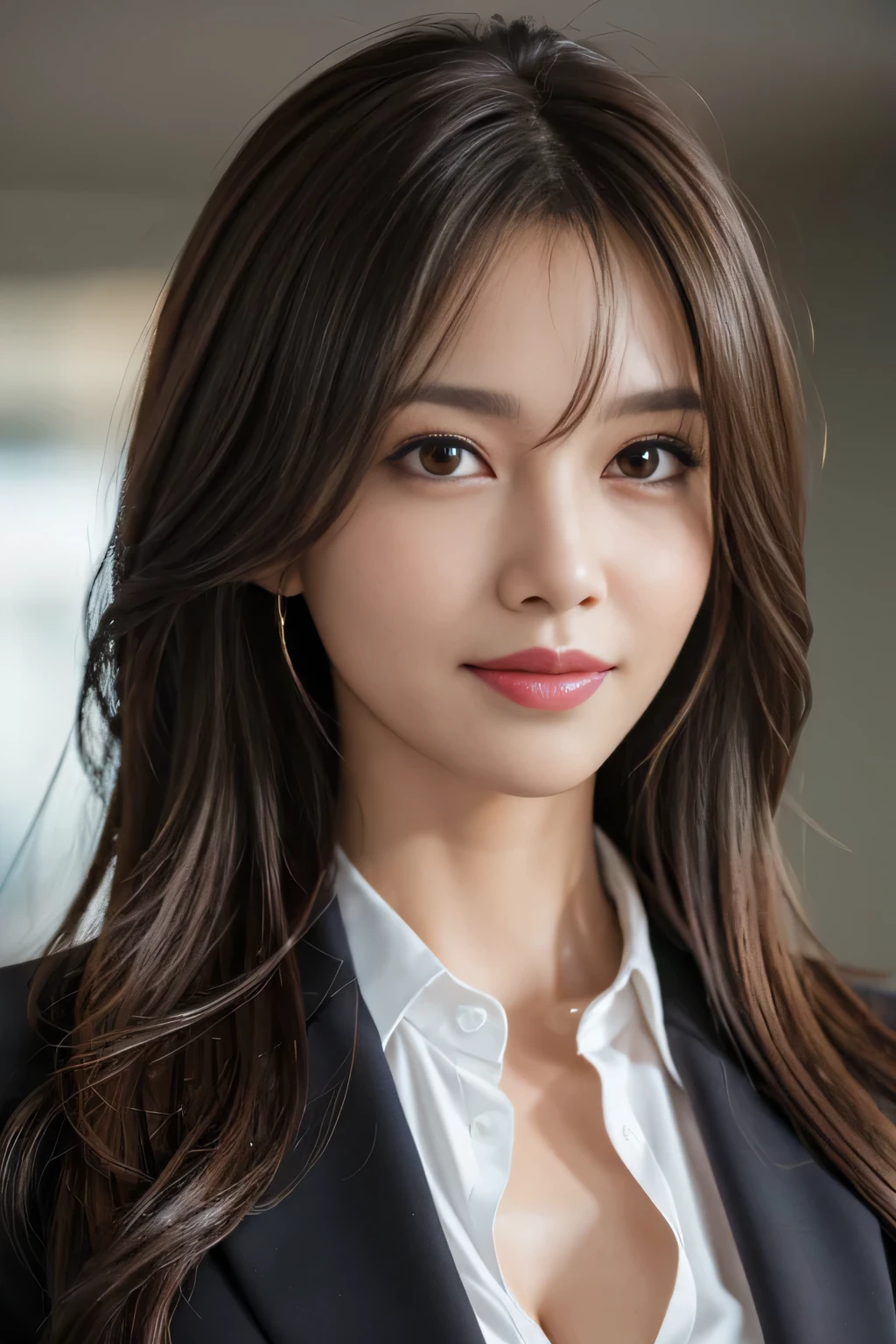 table top, highest quality, realistic, Super detailed, finely, High resolution, 8k wallpaper, 1 beautiful woman,, light brown messy hair, wearing a business suit, sharp focus, perfect dynamic composition, finely beautiful eyes, thin hair, Detailed and realistic skin texture, smile, close-up portrait, model body shape