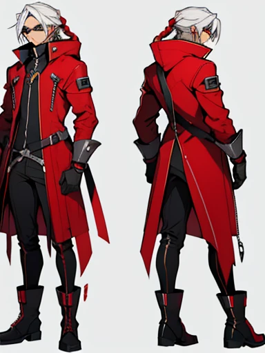 blazblue Concept ART ,human Male  ,Clear Skin ,Red eyewear , white hair,long braided ,zip Red Coat  , Full body , Black Gloves  , Black boots , 