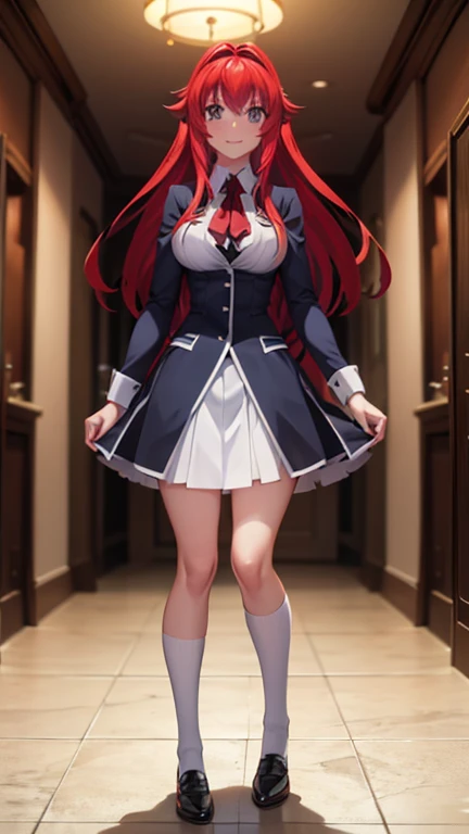 Rias Gremory, Adolescente, vestido con el uniforme de la Academia Kuoh, sonrisa, Hermoso, pechos medianos, background in the occult research club room