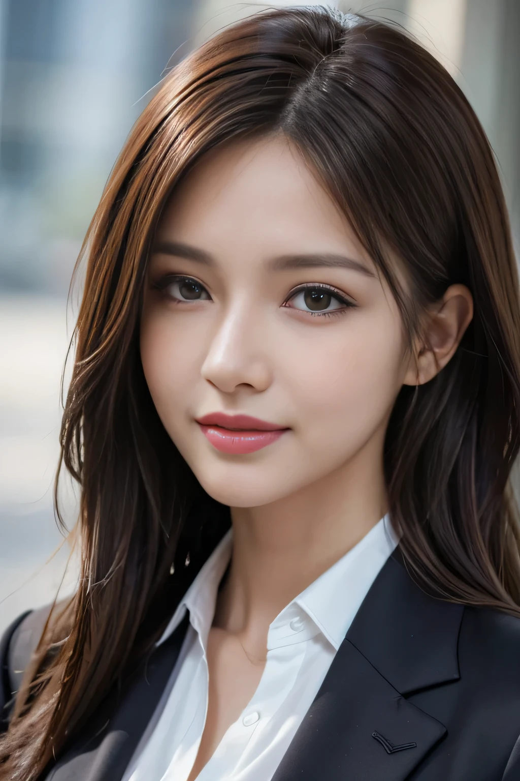 table top, highest quality, realistic, Super detailed, finely, High resolution, 8k wallpaper, 1 beautiful woman,, light brown messy hair, wearing a business suit, sharp focus, perfect dynamic composition, finely beautiful eyes, thin hair, Detailed and realistic skin texture, smile, close-up portrait, model body shape