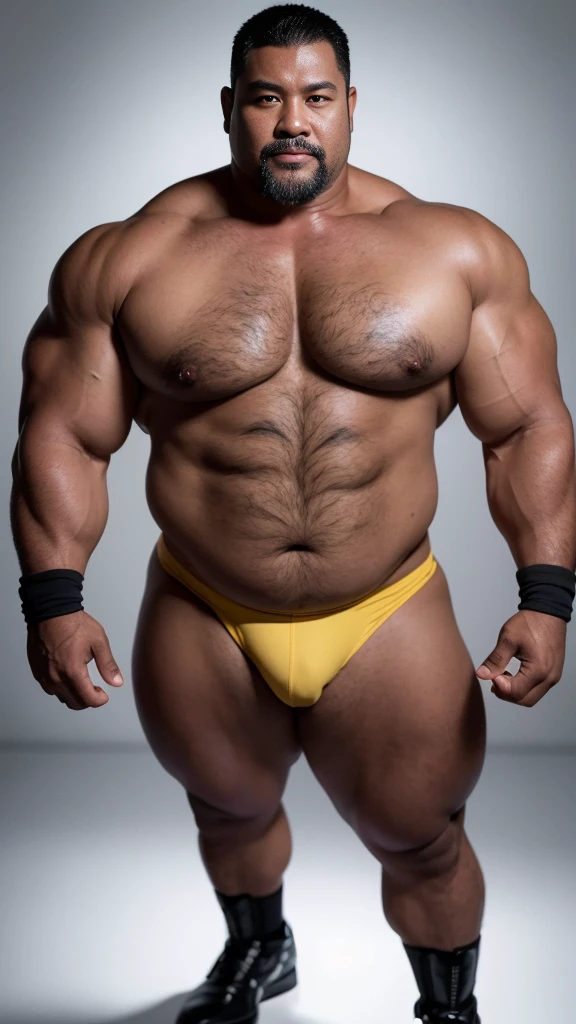 black hair, middle-aged man, individual, male, Muscular wrestler, muscular, Stout wrestler, Asian, Japanese, uncle, 55 year old middle-aged man, short hair, short hair, blue wrestling boots, full body portrait, shadow, Vision, yellow briefs, obesity, 45 years old, short beard, middle-aged man, tattoo, fingerless gloves, Wheat skin, shiny skin, dark skin, Show your pectoral muscles, sumo wrestler, bodybuilder, wide temples, Visible abdominal muscles, Smile, Fine hands, solid color background, pure white background, Surrealism, Panorama, 8k, super detail，