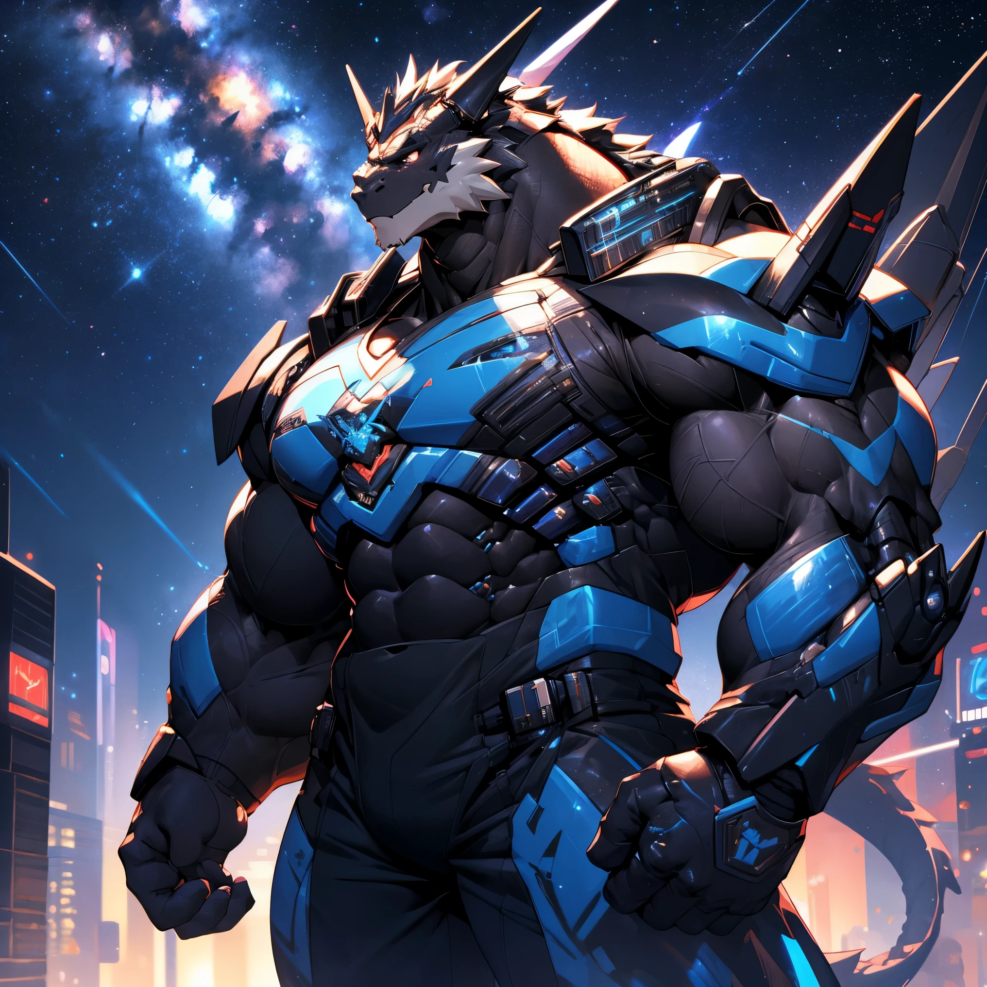 Very muscular black dragon, Large pecs, Heavyweight, Bodybuilder figure, Wearing cyberpunk mecha, dress, big bump, Gazing at the Milky Way, in the universe, Bright smile emoticon, sparkling skin, Vibrant colors, 4K, realism, cool lights