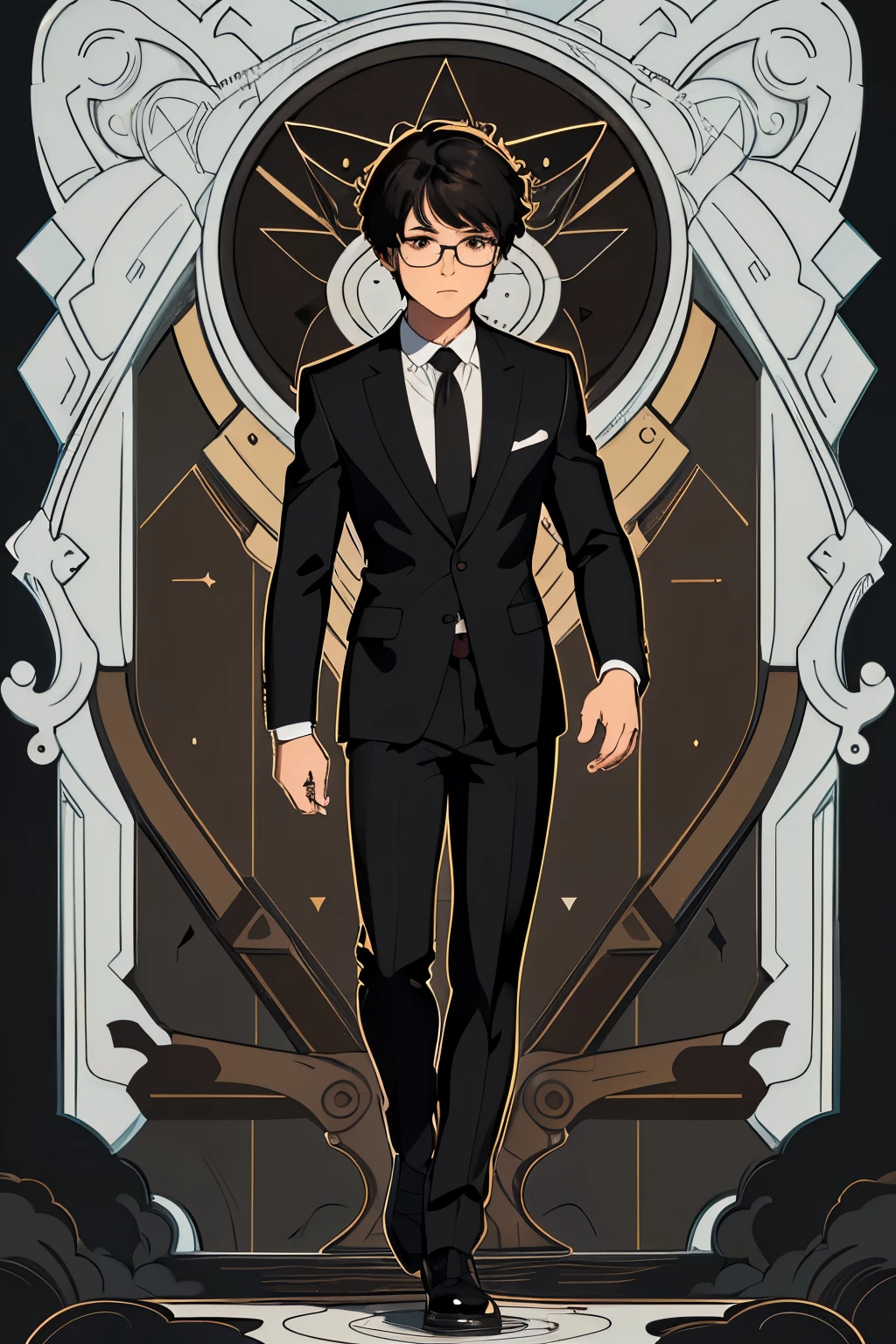 (absurdres, highres, ultra detailed, realistic, ), 1 boy,mature, solo, short black hair,  suits,brown eyes,  (glasseodern city background, ultra - detailed, best quality, Detailed diagram, vectorized, 8K,  Graphic design, vector lines, Full-HD，full body