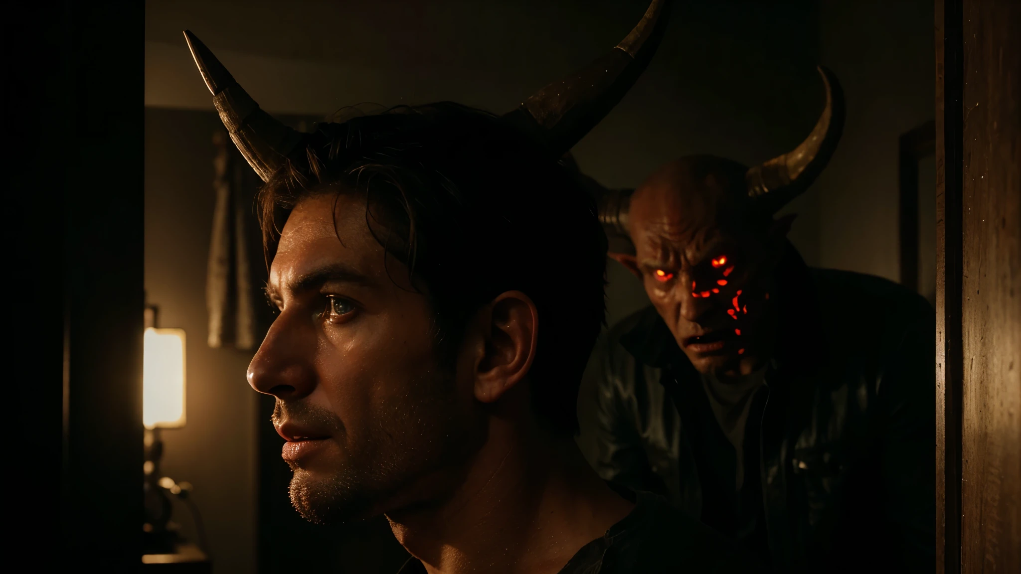 ultra realistic image of a man being watched by a horned demon, horror movie scene

