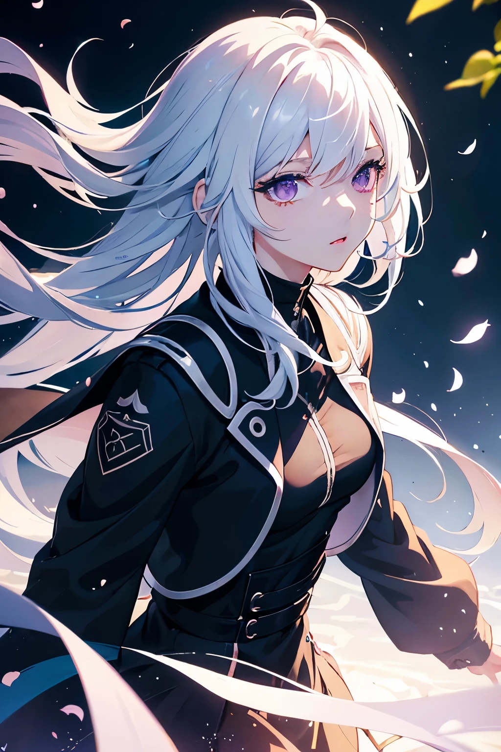 (black jacket,white-haired,purple-eyed:1.1)(anime girl,anime character:1.1), (perfect white-haired boy:1.1), (female animation character:1.1), (illustration,anime-style art:1.2), (vivid colors,contrasting tones:1.1), (shadows and highlights:1.1), (soft lighting,illuminating the characters:1.1), detailed eyes,lips and facial expressions,hair flowing in the wind,playful poses and dynamic movements,beautiful backgrounds with nature elements such as flowers and trees,happy and expressive emotions from the characters,high resolution,ultra-detailed depiction of the characters' features and clothing,professional artwork with realistic and photorealistic qualities,bokeh effects,sharp focus on the characters,emotionally captivating storytelling.