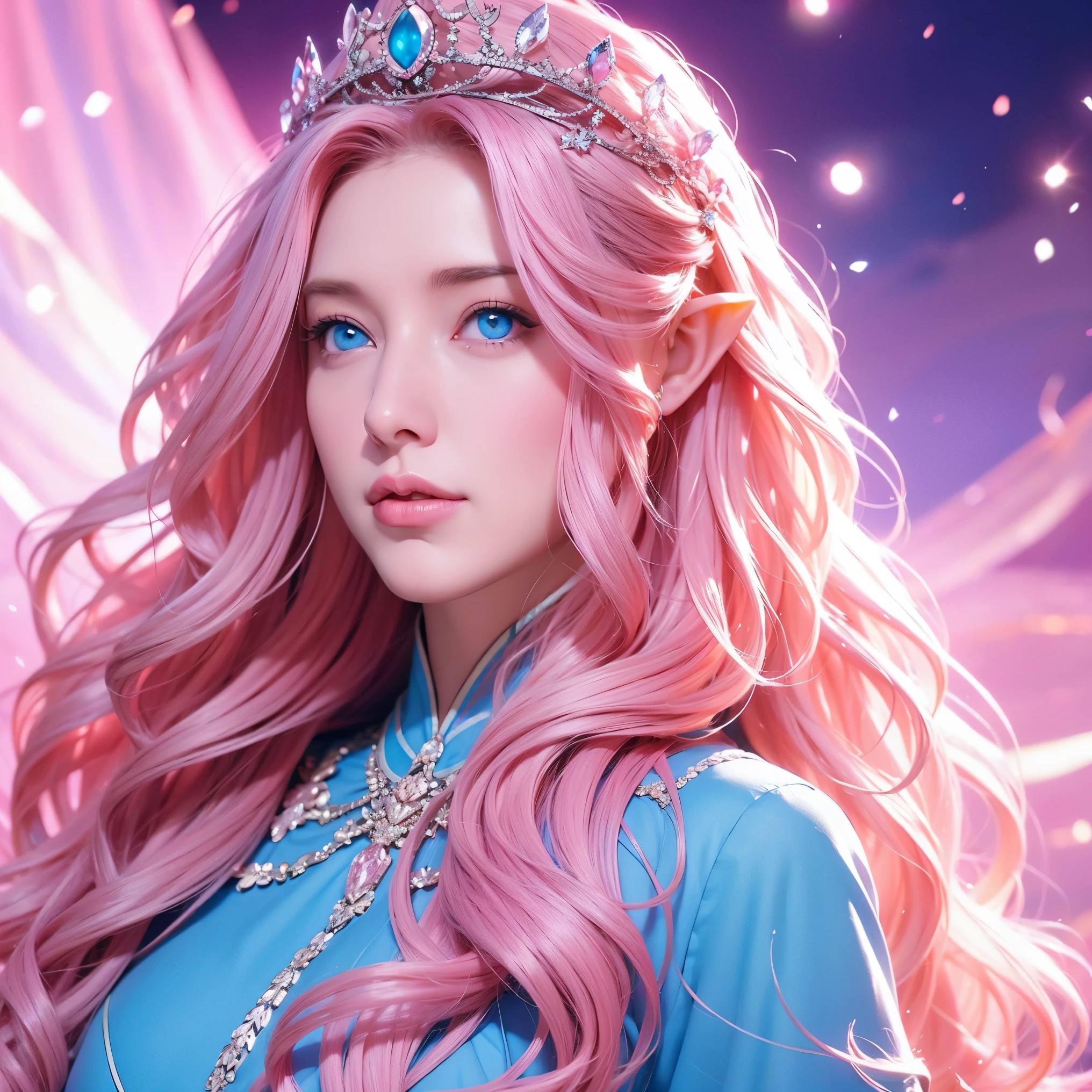 Woman, long wavy hair, pink hair, blue eyes, elf, crown, happy, queen, magic background, magic background, powers background